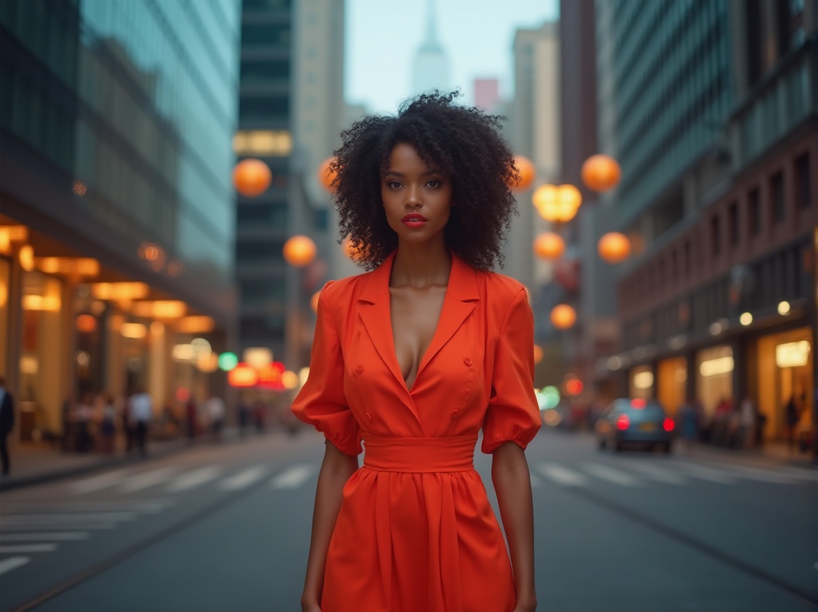 Prompt: Vibrant persimmon-colored dress, bold statement piece, mature lady, curly hair, smoky eyes, bold red lip color, high heels, standing confidently, city street, modern skyscraper, evening time, neon lights reflection, shallow depth of field, cinematic composition, warm and soft ambient lighting.