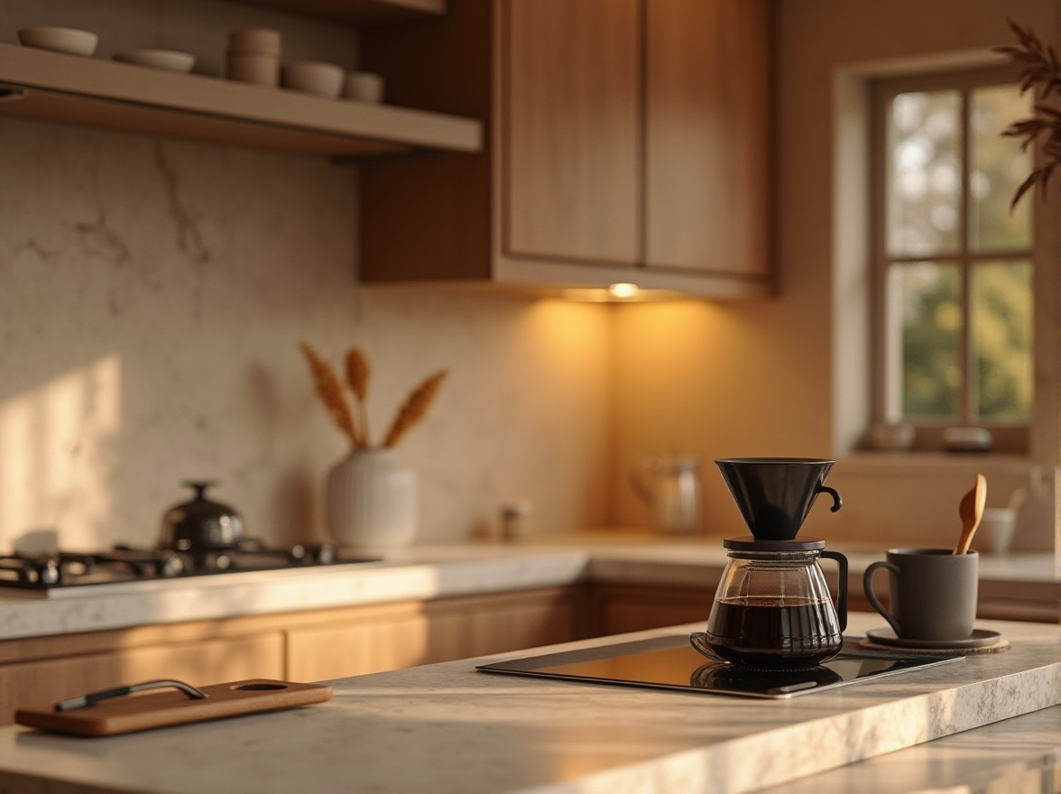 Prompt: Coffee Color Palette, aesthetic, functional, modern kitchen, warm beige walls, dark wood cabinets, marble countertops, stainless steel appliances, coffee maker, ceramic mugs, wooden spoon rest, ambient morning light, soft shadows, 3/4 composition, shallow depth of field, realistic textures, warm color tone, inviting atmosphere.