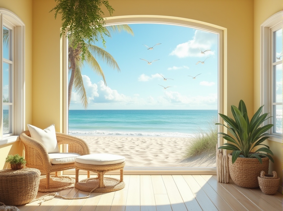 Prompt: Coastal scene, light yellow walls, white windows, ocean view, beachy vibes, sunny day, clear blue sky, puffy white clouds, seagulls flying overhead, palm trees swaying gently, sandy dunes, driftwood decorations, woven wicker furniture, nautical ropes, soft focus, warm lighting, shallow depth of field, 3/4 composition, softbox lighting.