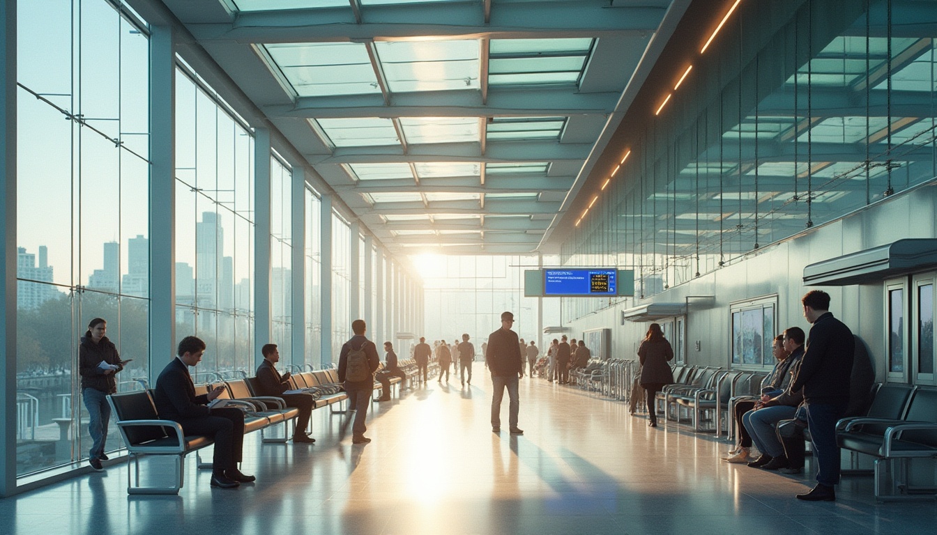 Prompt: Bus station, modern architecture, Fibreglass walls, transparent roof, natural light, sleek benches, stainless steel handrails, clean floors, busy atmosphere, morning rush hour, people walking, waiting, reading, checking phones, announcements on screens, cityscape outside, skyscrapers in background, sunny day, soft shadows, shallow depth of field.