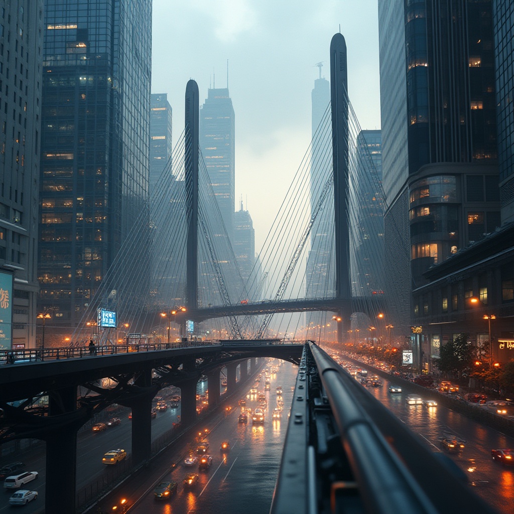 Prompt: Futuristic cityscape, urban connectivity, pedestrian bridges, sleek metallic structures, suspension cables, modern architecture, bustling streets, skyscrapers, glass windows, steel beams, vibrant city lights, misty atmosphere, panoramic view, low-angle shot, dramatic lighting, 3/4 composition, warm color tone, high-contrast image.