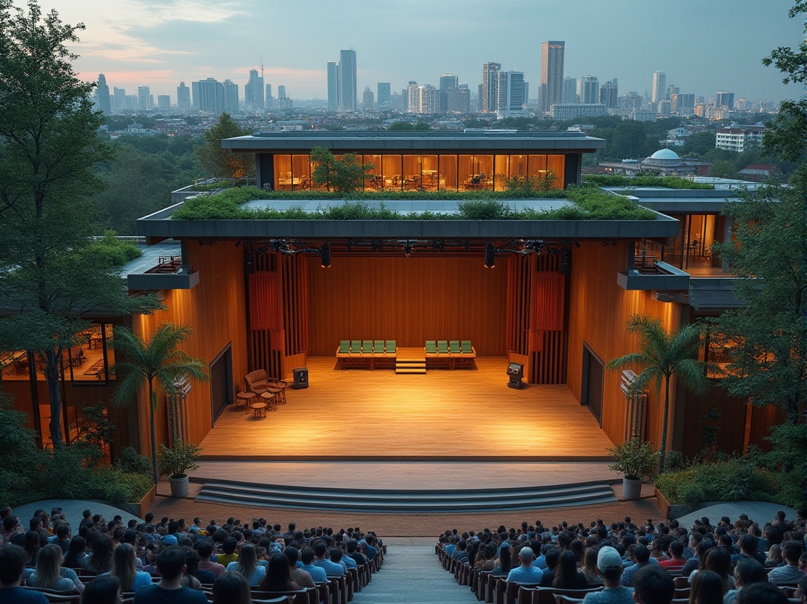 Prompt: Modern performing arts center, sustainable architecture, green roof, solar panels, recycled materials, energy-efficient LED lighting, wooden stage, minimal waste, eco-friendly backstage area, recycling bins, green room, natural ventilation, open floor plan, industrial chic interior design, cityscape background, evening atmosphere, warm ambient lighting, cinematic composition, 3/4 view.