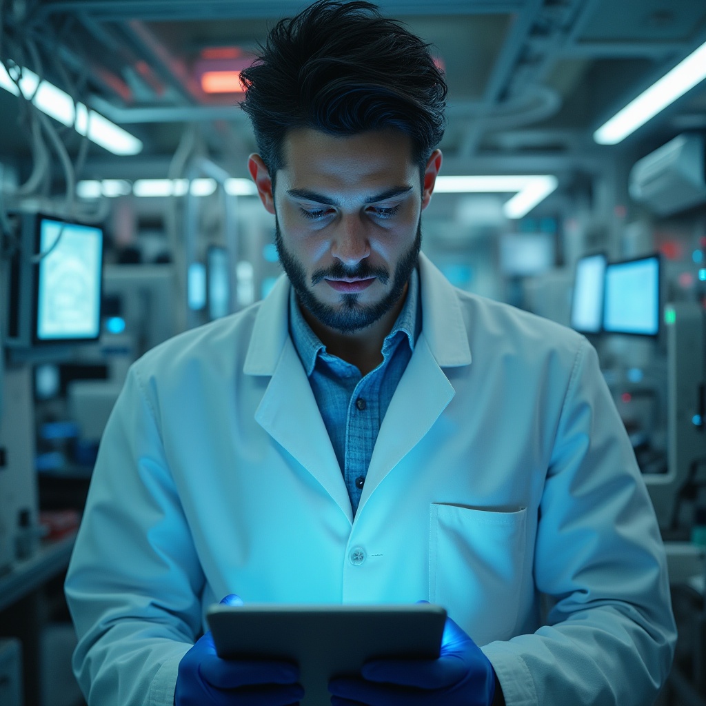 Prompt: Emotional design, futuristic laboratory, solo, (30yo), handsome detailed eyes, slight beard, black hair, white lab coat, blue gloves, holding tablet, standing, high-tech equipment, wires, screens, metallic surfaces, minimalist interior, bright LED lights, 3/4 composition, soft focus, cinematic lighting, vibrant color grading, atmospheric ambiance.