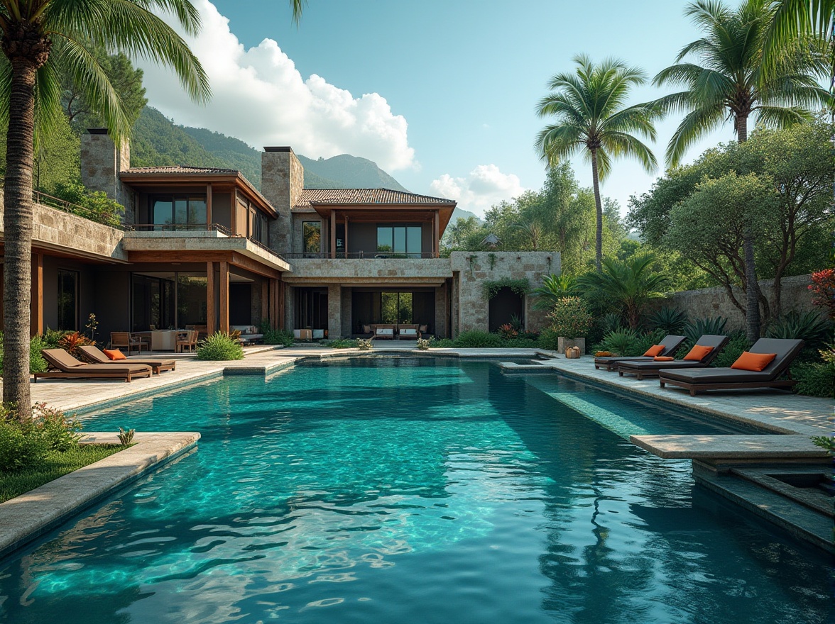 Prompt: Dark Cyan pool, mysterious ambiance, luxurious villa, Mediterranean architecture, turquoise water, subtle ripples, surrounding lush greenery, palm trees, tropical flowers, warm sunny day, gentle breeze, few puffy clouds, soft gradient lighting, 3/4 composition, panoramic view.