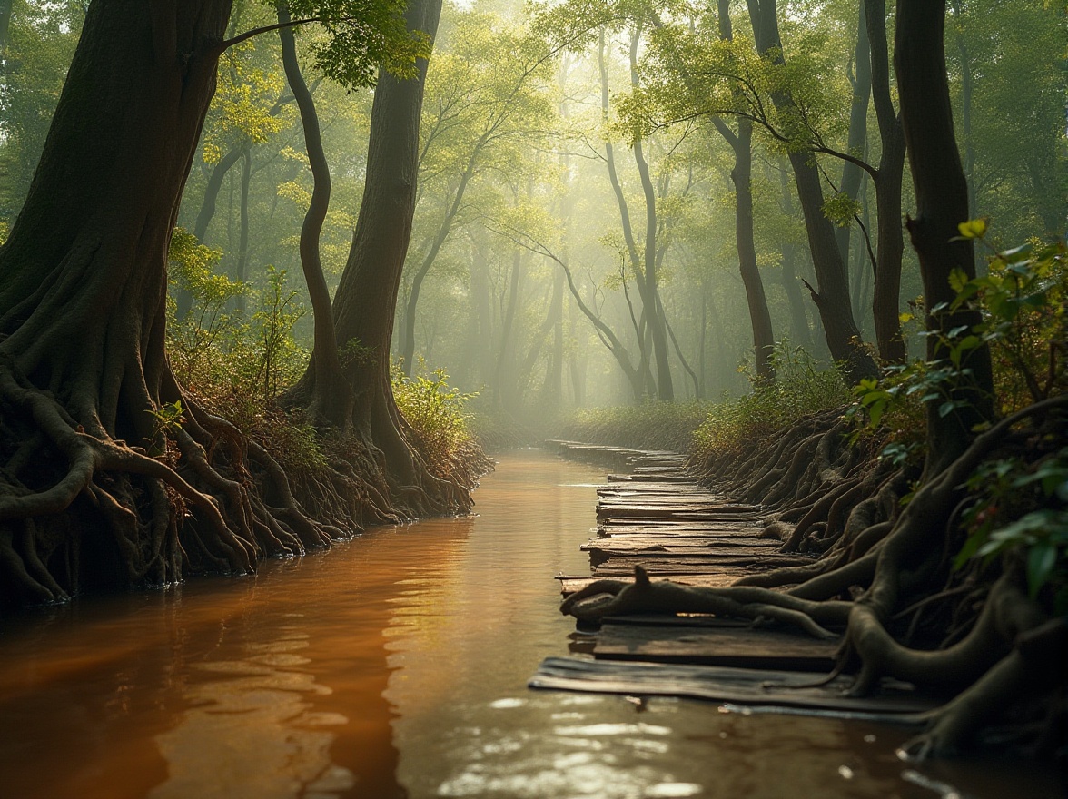 Prompt: Wetland scenery, incorporating coffee color, murky brown water, lush green vegetation, twisted tree roots, wooden planks, misty atmosphere, warm soft lighting, shallow reflections, serene ambiance, natural textures, earthy tones, peaceful composition, 3/4 view, gentle ripples on the water surface.