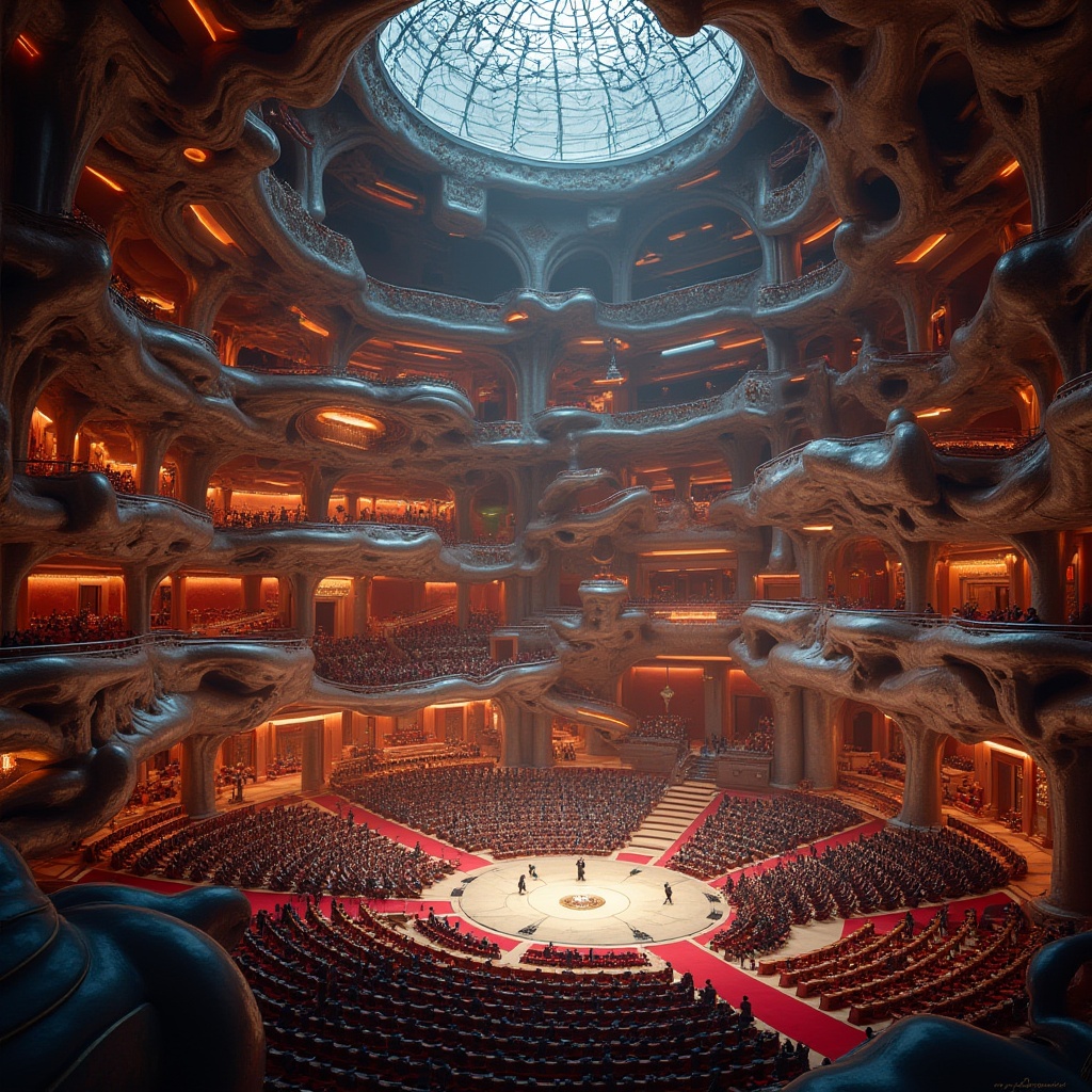 Prompt: Grand opera house, futuristic architecture, exploring metabolism style, vibrant colors, wavy curves, irregular shapes, metallic materials, glass facade, intricate details, ornate decorations, grand staircase, red carpet, luxurious chandeliers, backstage area, dimly lit corridors, spotlights, opera performers, elegant dresses, suits, musical instruments, dramatic lighting, 3/4 composition, cinematic mood, high contrast, warm ambient light.