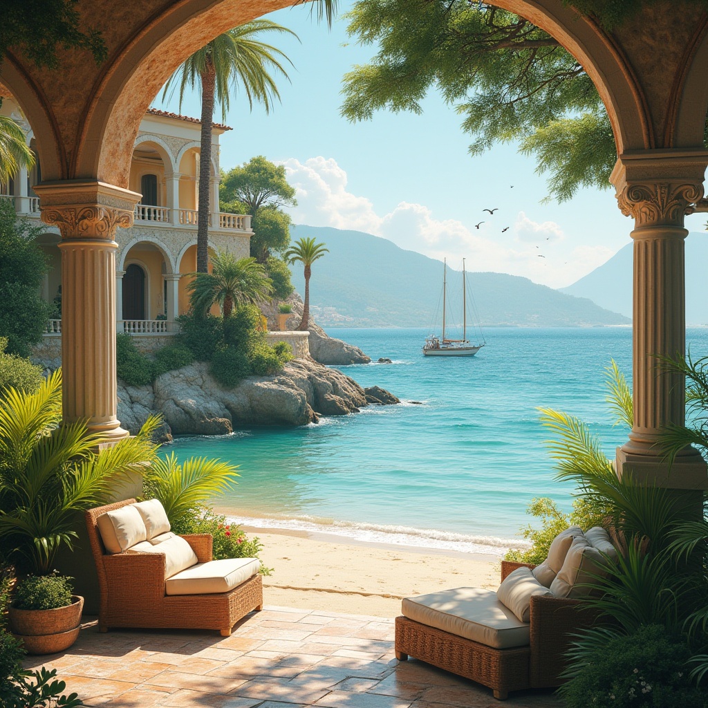 Prompt: Coastal villa, Romanesque style, warm sandy beach, clear turquoise water, majestic stone columns, intricately carved archways, ornate balconies, vibrant greenery, lush tropical plants, palm trees swaying gently, comfortable outdoor furniture, plush cushions, soft pastel colors, Mediterranean ambiance, warm afternoon sunlight, subtle sea breeze, gentle waves crashing, seagulls flying overhead, distant sailboats, majestic mountains in the background, atmospheric mist, cinematic composition, high contrast, dramatic lighting.