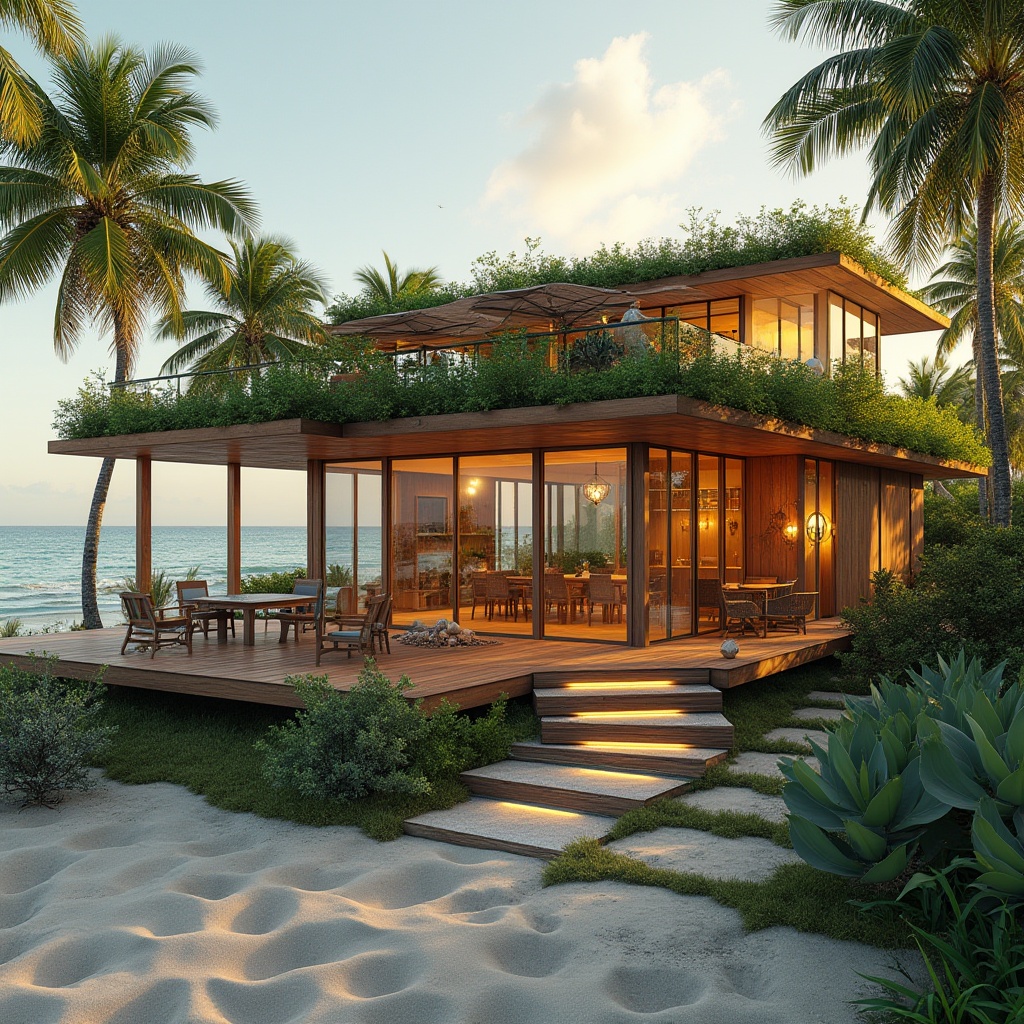 Prompt: Beachside villa, sustainable architecture, eco-friendly, recyclable materials, solar panels, green roof, large windows, natural ventilation, minimalist interior, reclaimed wood, bamboo furniture, seashell decorations, ocean views, beach access, tropical plants, palm trees, sandy dunes, sunrise, warm lighting, soft focus, natural colors, serene atmosphere, 3/4 composition, panoramic view.