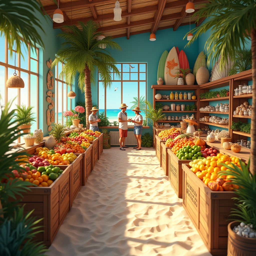 Prompt: Beach themed grocery store, summer vibes, colorful tropical fruits, palm tree decorations, sandy floor, seashell displays, surfing boards on walls, beach balls scattered around, flip flop wearing staff, Hawaiian shirt uniforms, sunglasses and straw hats, refreshing coconut smell, ocean breeze sound effects, sunny window lighting, wooden crates with nautical ropes, vintage treasure chests as shelves, surfboard-shaped shopping carts, seagull sounds in the background, warm and inviting atmosphere.