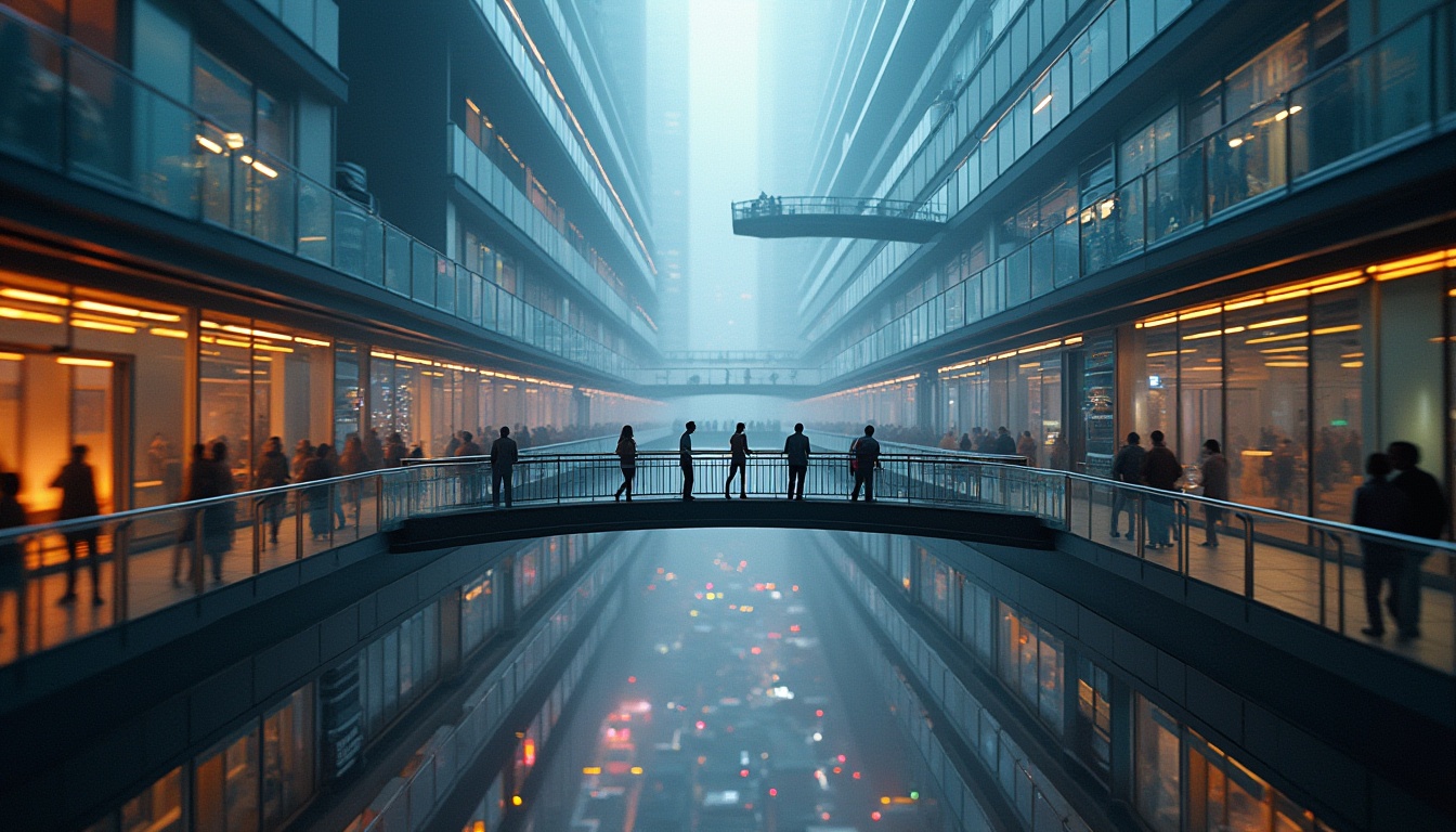 Prompt: Urban futuristic cityscape, pedestrian bridges, connecting skyscrapers, modern architecture, steel beams, glass railings, LED lighting, evening time, warm ambient glow, people walking, blurred motion, shallow depth of field, vibrant city lights reflection on glass surfaces, misty atmosphere, subtle fog, majestic urban canyon, 3/4 composition, low-angle shot, cinematic mood, detailed textures, realistic materials.