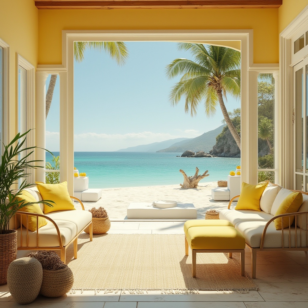 Prompt: Light yellow coastal villa, Mediterranean style, large windows, sliding glass doors, white pillars, sandy beach, clear turquoise water, few palm trees, light yellow outdoor furniture, soft cushions, natural fiber rugs, woven baskets, vintage nautical decor, warm sunny day, low-angle shot, soft lighting, shallow depth of field, vibrant colors, coastal plants, driftwood, gentle ocean breeze, serene atmosphere.