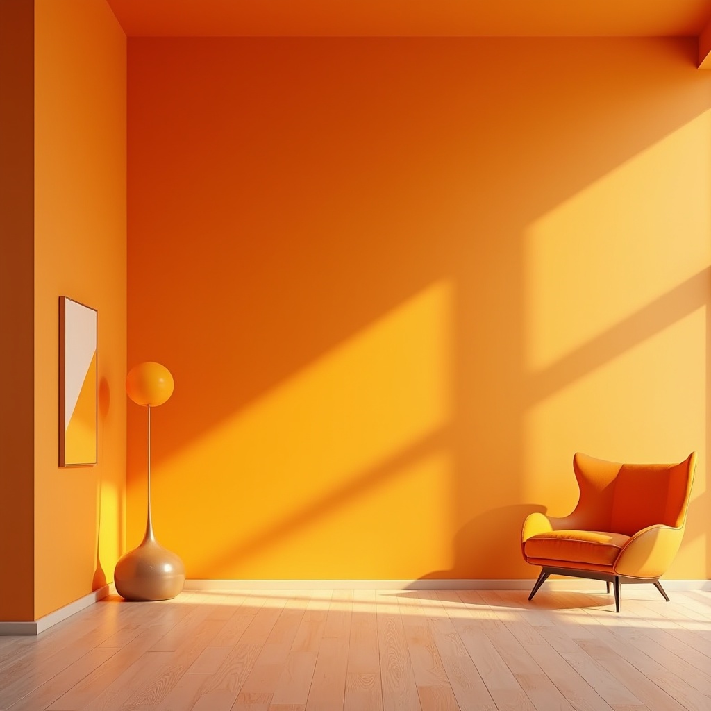 Prompt: Vibrant tangerine accent wall, modern minimalist interior, empty space, wooden floor, sparse furniture, single armchair, low-poly geometric shapes, abstract art piece, warm ambient lighting, 3/4 composition, shallow depth of field, cinematic feel, bright and airy atmosphere.