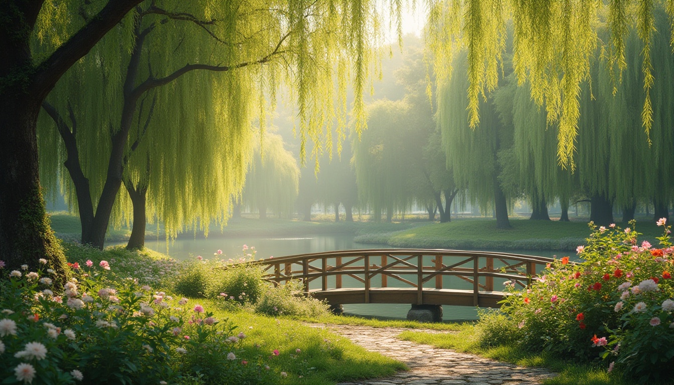 Prompt: Serene park scene, harmonious atmosphere, wooden bridge, gentle stream, lush greenery, vibrant flowers, sunny day, warm soft light, misty morning, dew drops on grass, rustic stone path, meandering walkway, serene lake, tranquil water reflection, majestic willow trees, colorful blooming plants, delicate butterflies, peaceful ambiance, 3/4 composition, shallow depth of field, cinematic mood, natural textures.