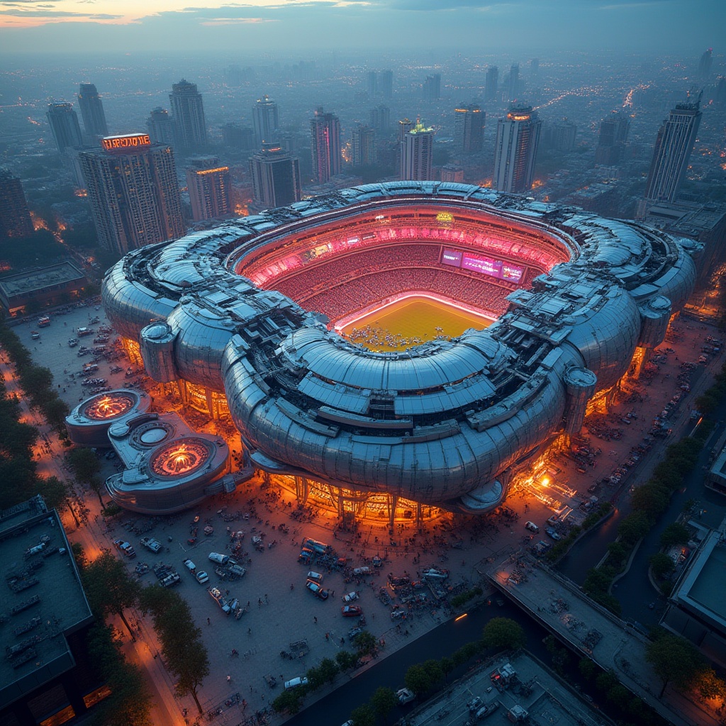 Prompt: Deconstructivist stadium, postmodern architecture, fragmented forms, irregular shapes, vibrant colors, neon lights, futuristic details, metallic materials, reflective surfaces, abstract sculptures, complex geometry, bold typography, urban landscape, cityscape, evening atmosphere, dramatic lighting, high-angle shot, wide-angle lens.