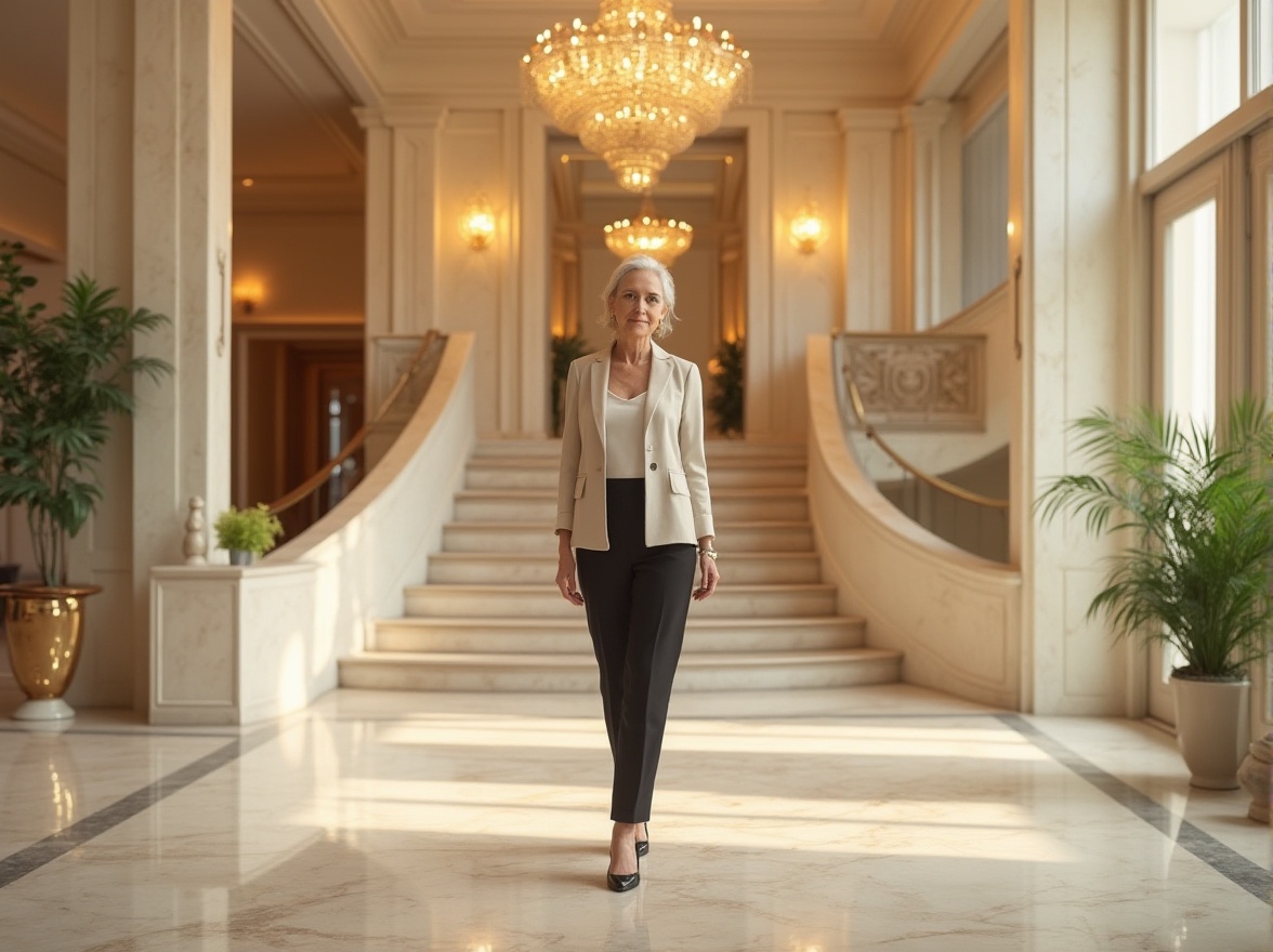 Prompt: Luxurious hotel lobby, limestone flooring, cream-colored walls, grand staircase, modern chandelier, elegant decorations, mature lady, formal wear, high heels, standing, posing, natural light pouring in through floor-to-ceiling windows, warm atmosphere, soft focus, shallow depth of field, warm color tone, horizontal composition.