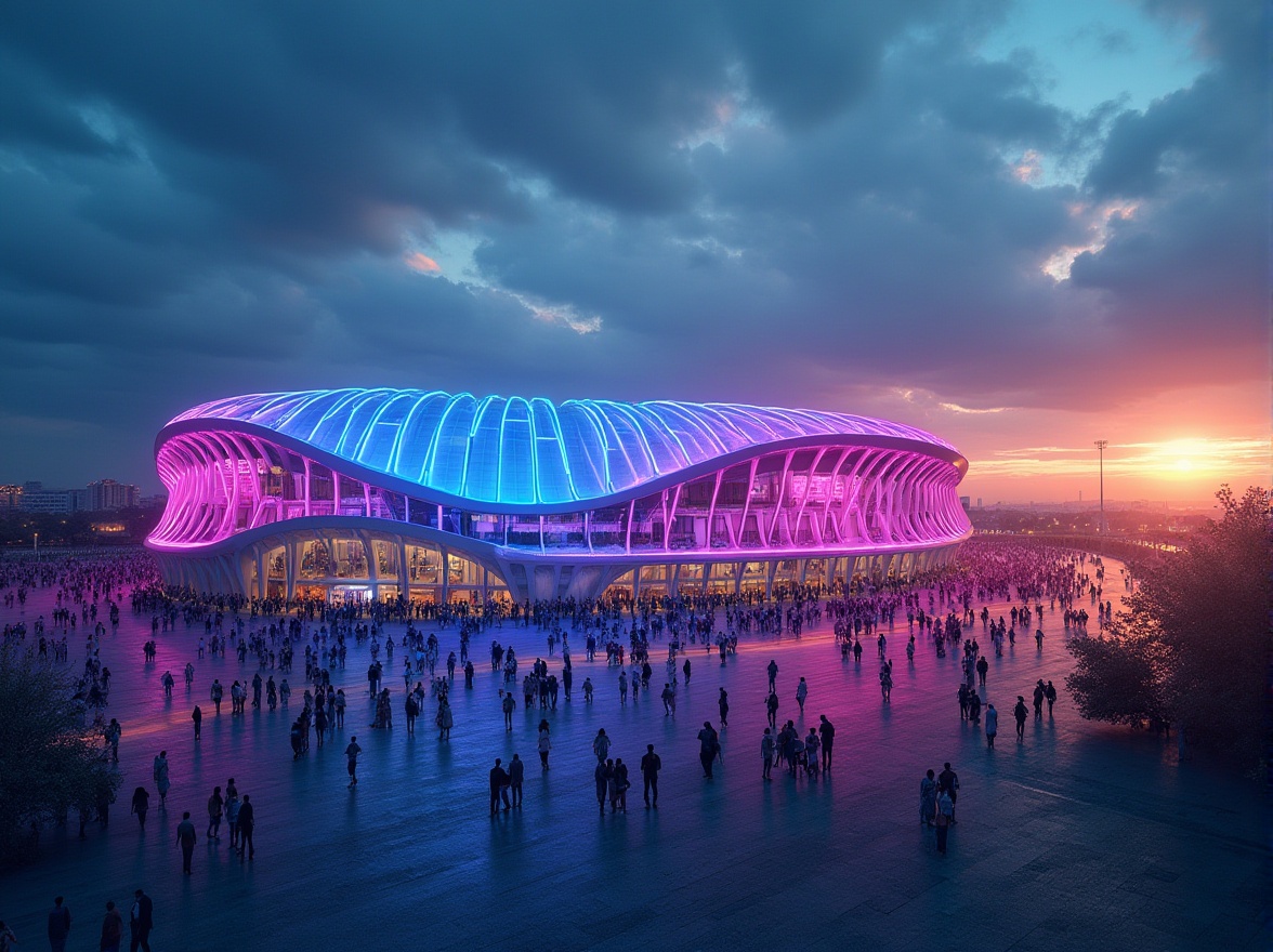 Prompt: Modern stadium, vibrant color scheme, bold arches, sleek lines, metallic exterior, gradient effect, LED lights, dynamic atmosphere, excited crowd, sports event, evening time, warm lighting, 3/4 composition, low-angle shot, dramatic shadows, concrete structure, urban landscape, cityscape backdrop, abstract shapes, geometric patterns, futuristic design.