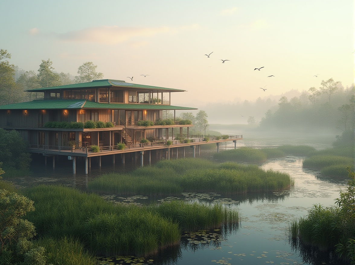 Prompt: Luxurious hotel, wetland environment, wooden stilts, modern architecture, green roof, solar panels, floor-to-ceiling windows, panoramic view, misty morning, water lilies, cattails, mangroves, boardwalk, winding path, seagulls flying overhead, soft sunlight filtering through fog, warm and cozy ambient lighting, 3/4 composition, natural materials, wood texture, eco-friendly design, serene atmosphere.