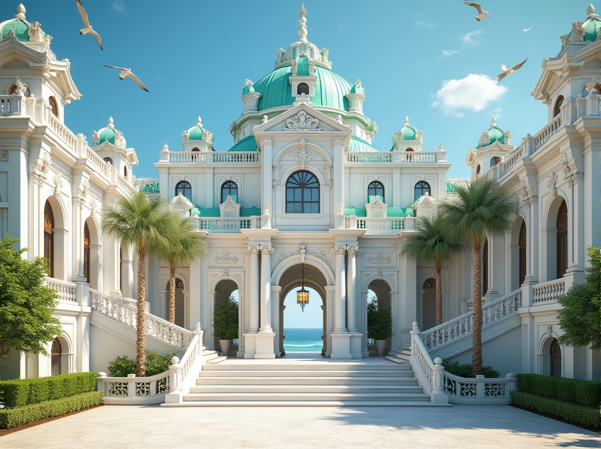 Prompt: Coastal Renaissance style building, majestic architecture, grand entrance, ornate details, arches, columns, domes, white marble walls, turquoise roof tiles, intricate stone carvings, luxurious interior, chandeliers, grand staircase, ocean view, beachside, palm trees, seagulls flying overhead, sunny day, clear blue sky, gentle sea breeze, soft warm light, 3/4 composition, cinematic angle, high contrast, vivid colors.