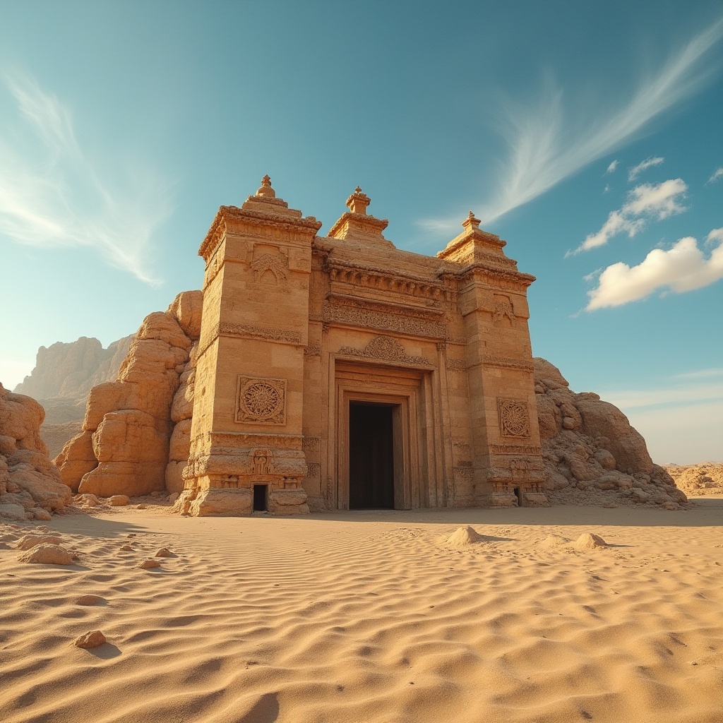 Prompt: Desert monument, ancient structure, khaki color, rugged stone walls, intricate carvings, sandy dunes, clear blue sky, few wispy clouds, warm sunlight, dramatic shadows, monumental entrance, ornate doorways, mysterious ambiance, cinematic composition, low-angle shot, golden hour lighting, depth of field, atmospheric perspective.