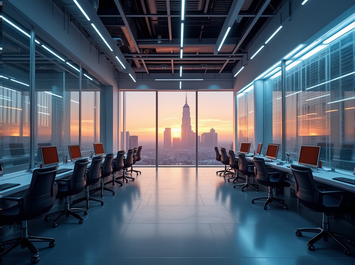 Prompt: Futuristic office building, high-tech style, sleek lines, metallic materials, LED lights, transparent glass walls, minimalist decor, modern chairs, ergonomic desks, laptops, robots, futuristic gadgets, cityscape view, skyscraper background, sunset lighting, panoramic view, 3/4 composition, low-angle shot, sharp contrast, cinematic mood.