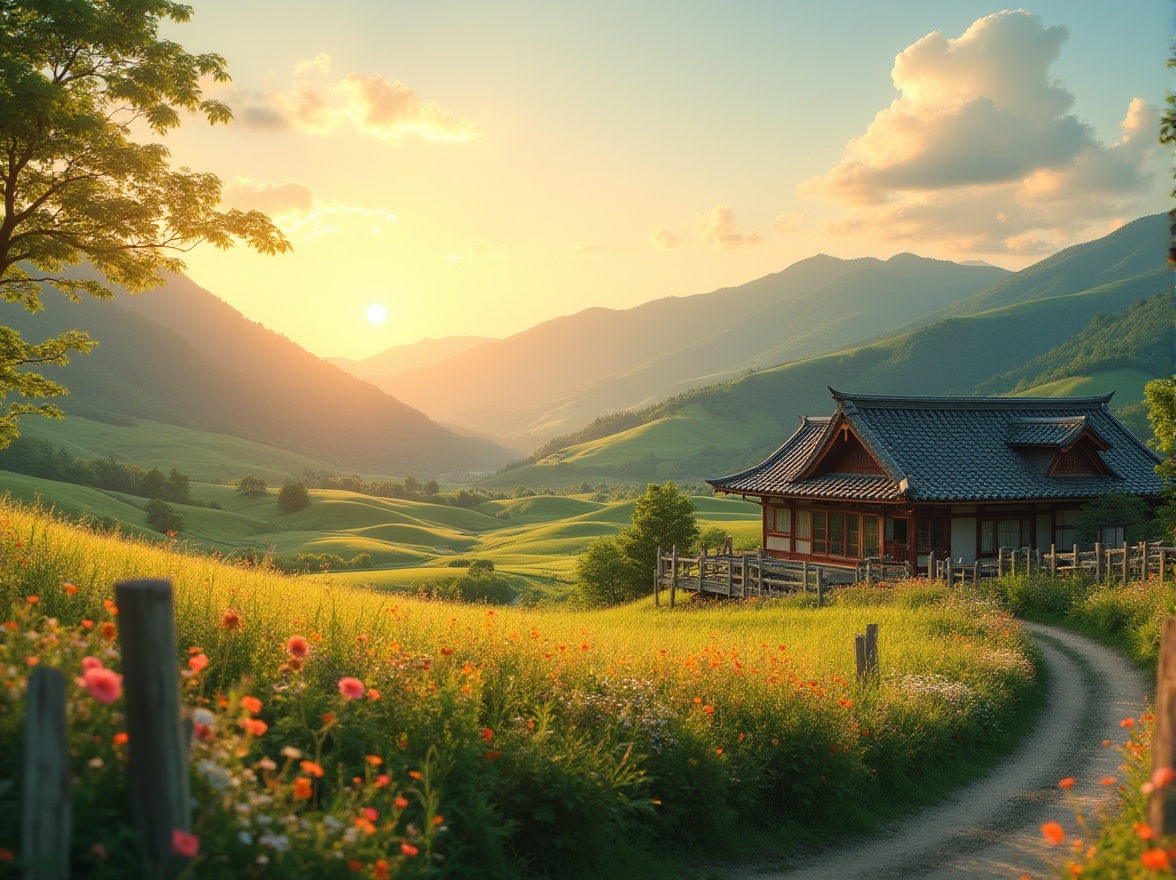 Prompt: Rural harmony scene, sunset time, gentle warm light, rolling hills, green pastures, traditional Japanese-style farmhouse, tile roof, wooden fence, wildflowers blooming in vibrant colors, few puffy white clouds, peaceful atmosphere, soft focus, shallow depth of field, 3/4 composition, warm and soft ambient lighting, nature sounds, serene music, idyllic life.