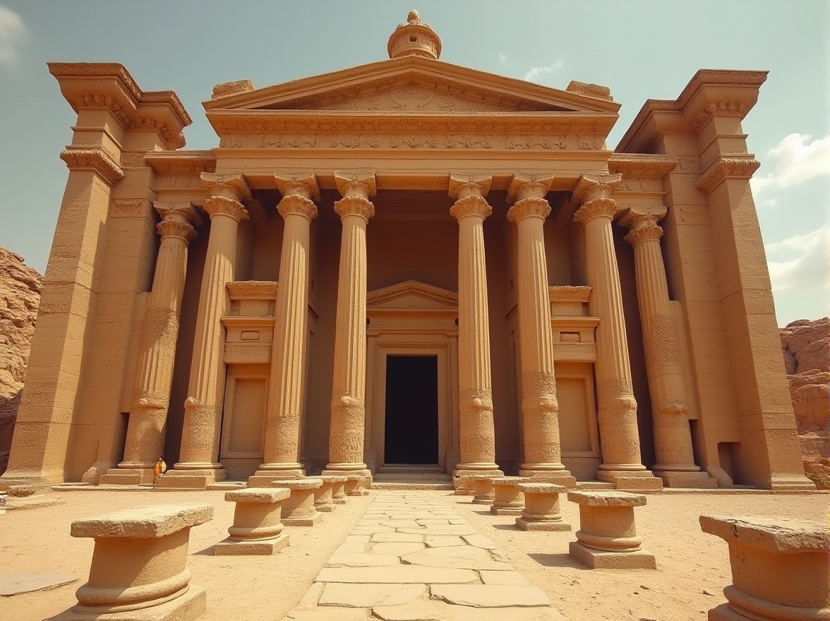 Prompt: Ancient monument, sandstone material, weathered texture, intricate carvings, massive structure, desert background, sunny day, warm lighting, low-angle shot, dramatic composition, historical significance, monumental scale, stone pedestals, ornate details, natural erosion, sandy dunes, vast expanse.