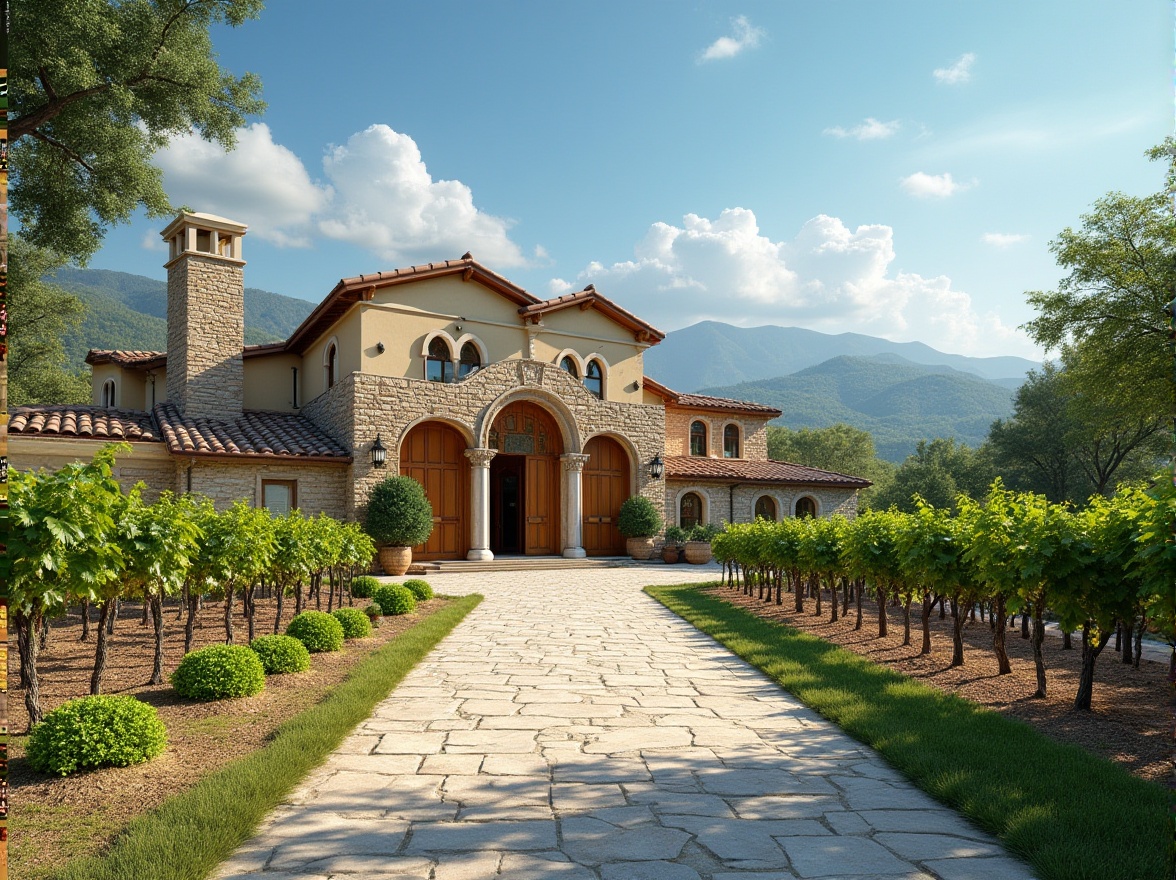 Prompt: Wineries, international style, modern architecture, grand entrance, stone walls, wooden doors, vineyard surroundings, rolling hills, Tuscan landscape, Mediterranean climate, sunny weather, blue sky, few white clouds, lush greenery, rows of grapevines, wine barrels, rustic charm, earthy tones, natural materials, arches, columns, symmetrical composition, wide-angle shot, warm lighting, soft focus.