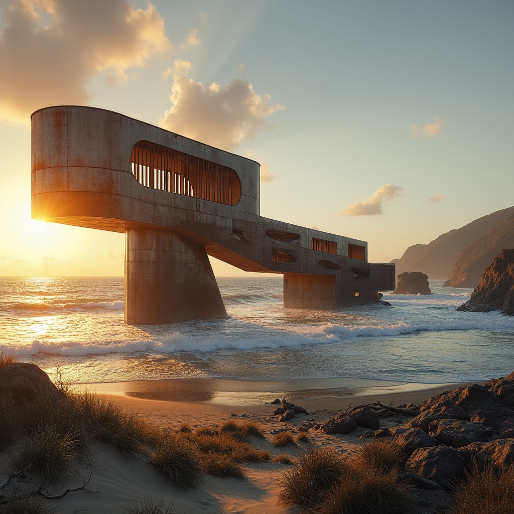 Prompt: Galvanized steel sculpture, modern university architecture, expressionist beach design, sunset backdrop, warm golden light, dramatic shadows, rugged coastline, waves crashing against rocks, sandy dunes, beach grass, driftwood, weathered galvanized steel texture, oxidized rusty patina, abstract geometric shapes, futuristic curves, dynamic composition, low-angle shot, heroic perspective, cinematic lighting, high-contrast HDR.