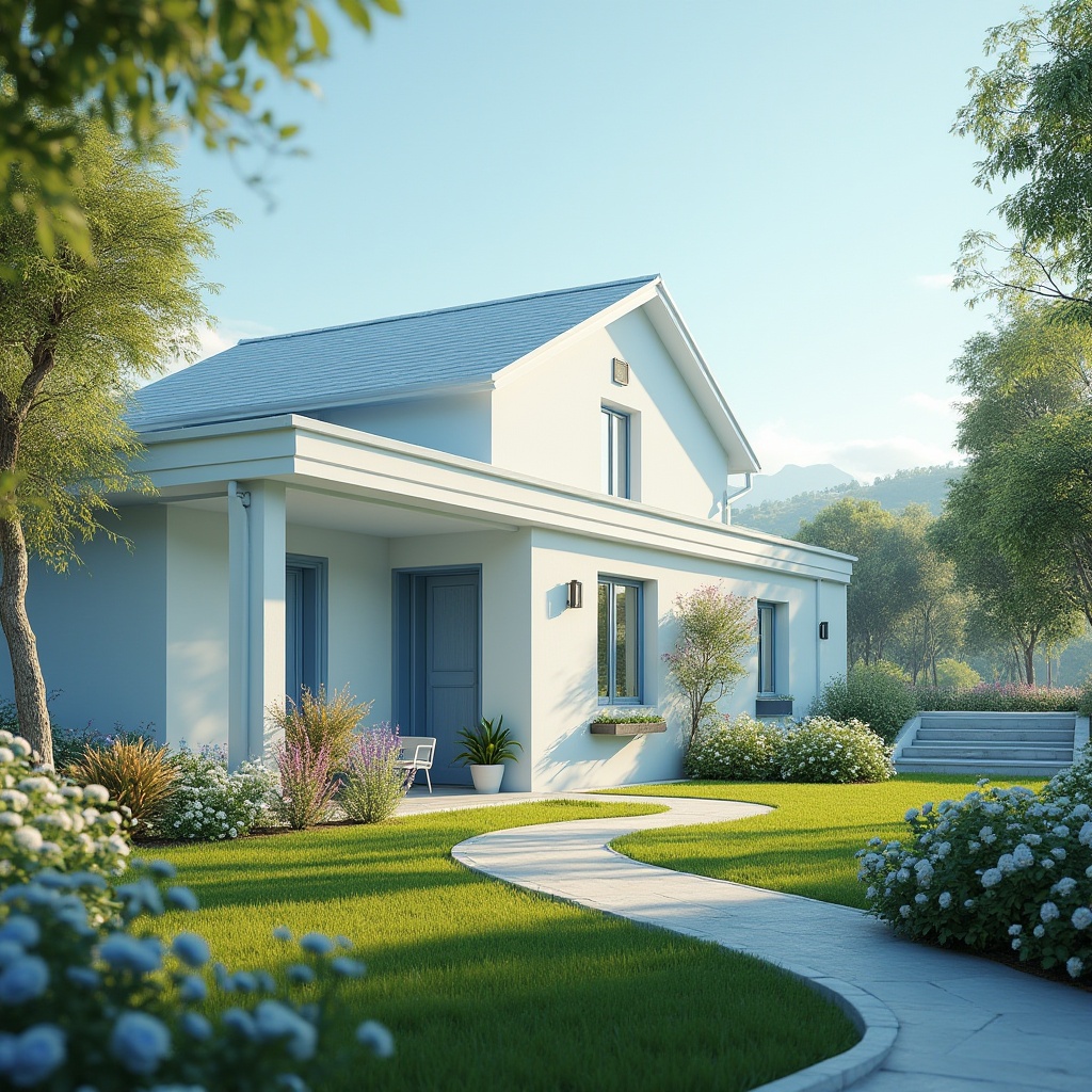 Prompt: Light blue themed residential area, sunny day, soft warm lighting, calm atmosphere, gentle breeze, modern villa with light blue walls, white windows, sloping roof, green lawn, flower beds with various blooming flowers, a winding path leading to the entrance, few potted plants near the door, a subtle water feature in the background, serene and peaceful ambiance, 3/4 composition, shallow depth of field, warm color tone, cinematic mood.