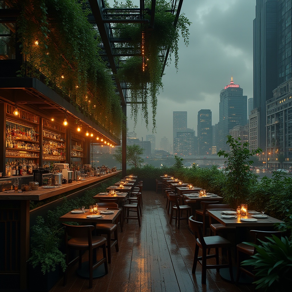 Prompt: Urban bar, green architecture, galvanized steel structure, rooftop garden, lush greenery, modern minimalism, sleek lines, industrial chic, metal accents, reclaimed wood, Edison bulbs, dim warm lighting, cozy ambiance, cityscape view, skyscrapers, bustling streets, night scene, neon lights, misty atmosphere, cinematic composition, 3/4 shot.