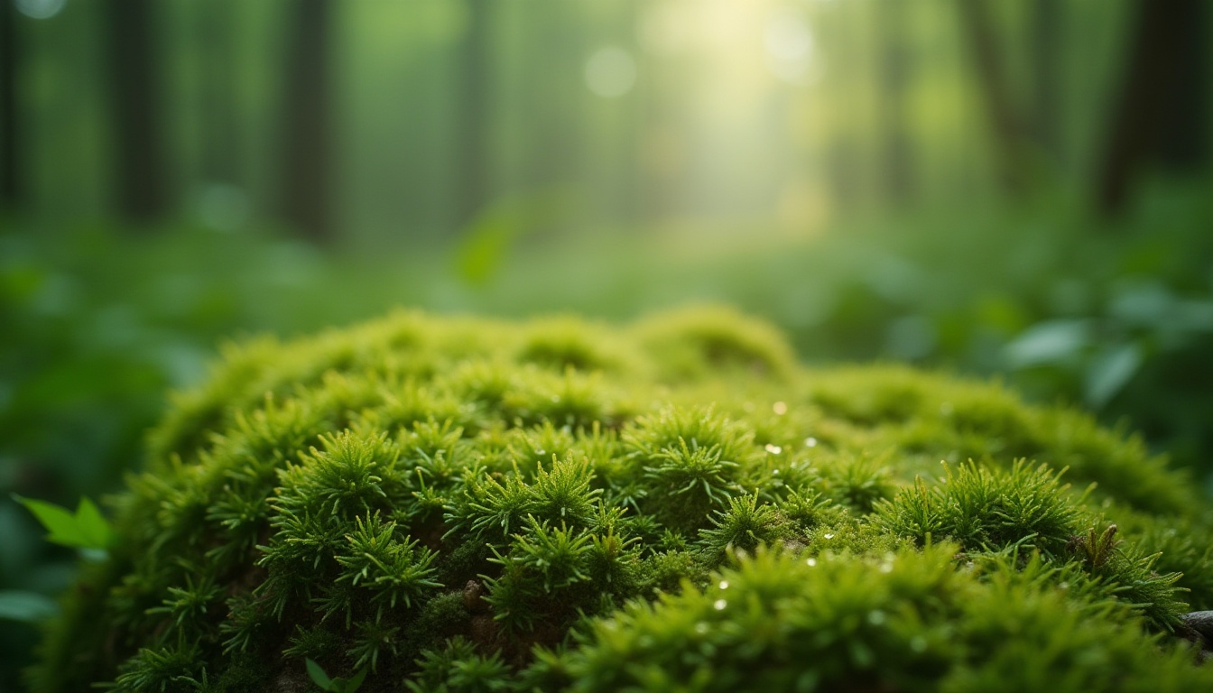 Prompt: Moss green, vibrant color, natural tone, earthy, serene atmosphere, forest floor, lush foliage, misty morning, soft light, dew drops, delicate texture, gentle composition, peaceful ambiance, 3/4 view, shallow depth of field, warm color palette, organic material.