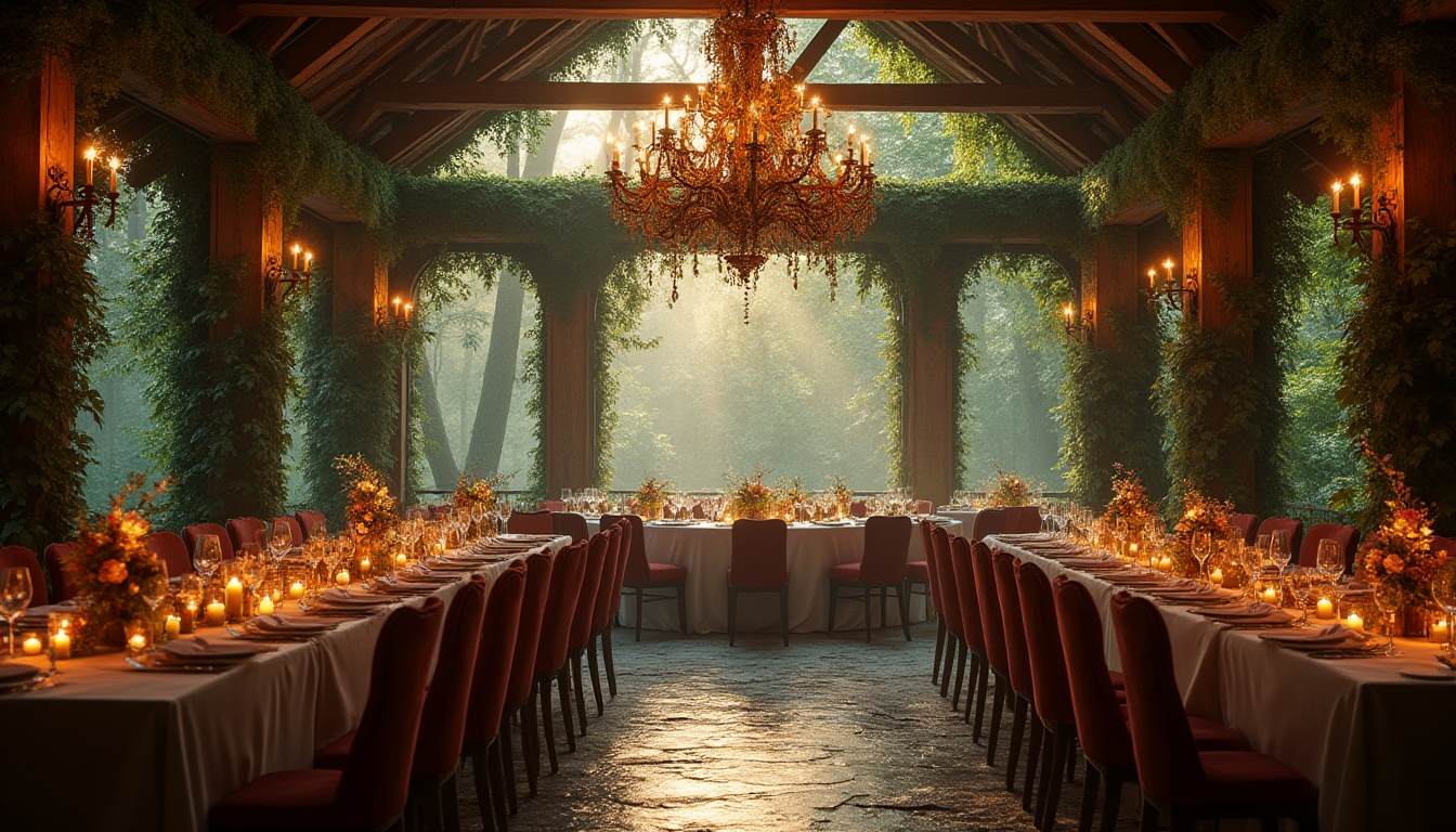 Prompt: Forest-inspired dining hall ambiance, grand chandelier, wooden tables, velvet chairs, moss-covered walls, twinkling string lights, lush greenery, tall trees, natural stone floor, rustic wooden beams, warm candlelight, soft instrumental music, elegant dinnerware, fine wine glasses, abundant flowers, vines crawling up pillars, morning dew, misty atmosphere, warm golden lighting, 3/4 composition, shallow depth of field.