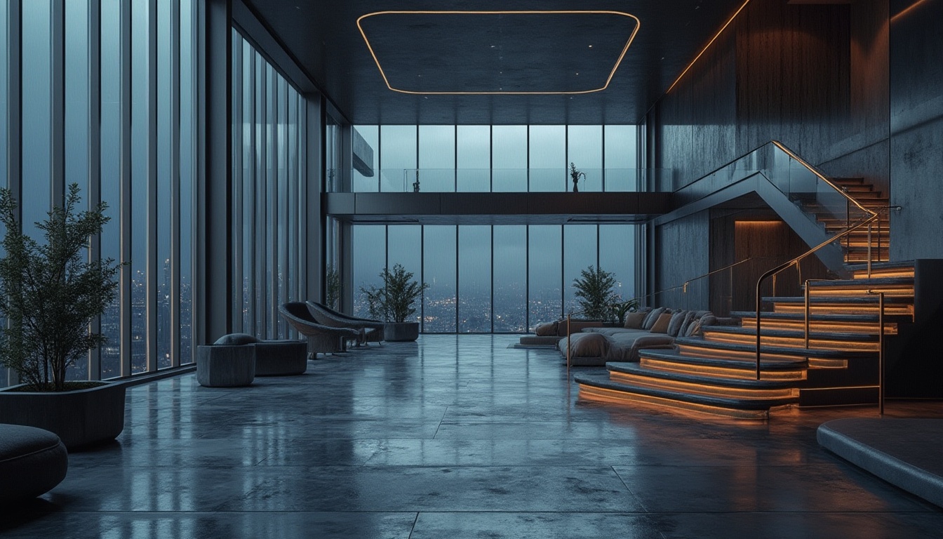 Prompt: Modern minimalist theater expressionism home, incorporating steel materials, sleek lines, geometric shapes, industrial chic, metallic texture, silver accents, floor-to-ceiling windows, panoramic view, urban cityscape, rainy night, softbox lighting, dramatic shadows, luxurious interior, grand staircase, polished steel railings, minimalist decor, futuristic ambiance, cinematic composition, high-contrast lighting, 3/4 camera angle.