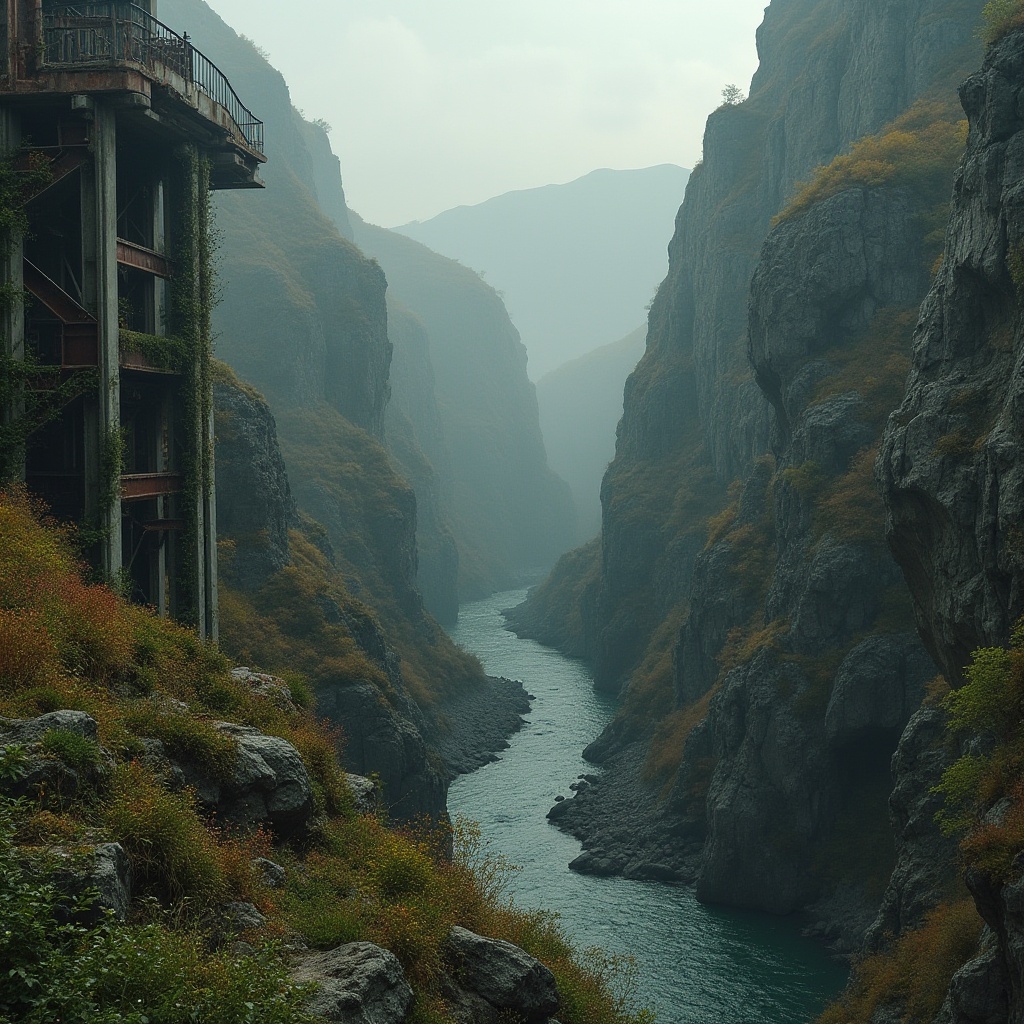 Prompt: Canyon Deconstructivism style, futuristic, abstract, rugged landscape, rocky cliffs, deep chasm, winding river, eerie fog, misty atmosphere, twisted metal beams, crumbling concrete structures, overgrown with vines, moss, and wildflowers, dramatic lighting, intense shadows, cinematic composition, 3/4 view, low-angle shot, atmospheric perspective, warm color palette, high contrast, gritty texture.