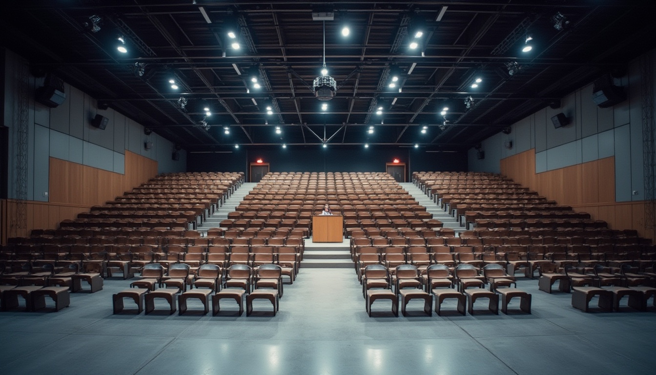 Prompt: Modern auditorium, steel beams, sleek lines, industrial chic, spotlights, suspended ceiling, polished concrete floor, silver metal chairs, rows of seating, central aisle, podium, microphone, lecture hall, university campus, evening event, warm ambient lighting, shallow depth of field, cinematic composition, high contrast ratio, metallic texture, reflective surfaces.