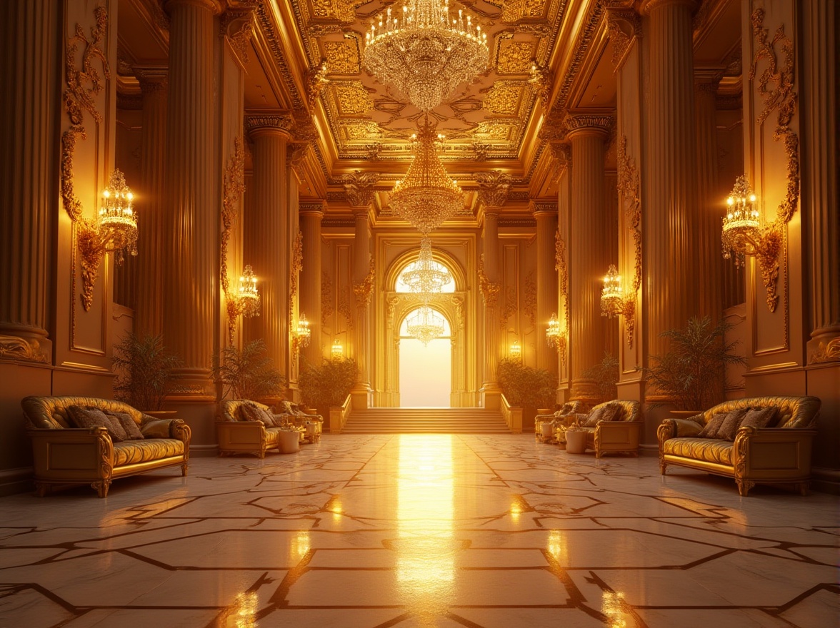 Prompt: Luxurious golden building, grand entrance, ornate details, intricate patterns, metallic material, reflective surface, warm ambient lighting, sunset glow, majestic columns, high ceilings, marble floors, elegant staircases, lavish chandeliers, opulent furnishings, luxurious fabrics, regal atmosphere, 3/4 composition, low-angle shot, dramatic shadows.