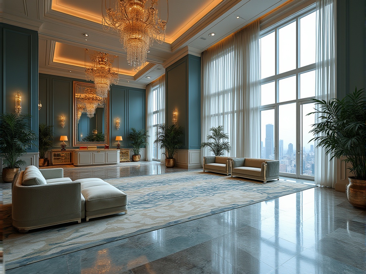 Prompt: Luxurious hotel lobby, periwinkle accent walls, elegant chandelier, grand staircase, velvet sofa, tufted ottoman, marble floor, ornate mirrors, lavish drapes, modern minimalist reception desk, sleek metal legs, periwinkle and cream striped carpet, potted palms, ambient warm lighting, panoramic view of cityscape, 3/4 composition, shallow depth of field, cinematic atmosphere.