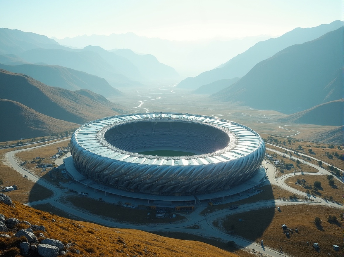 Prompt: High-altitude stadium, plateau landscape, majestic mountains, vast grasslands, unique architecture, bold curves, futuristic design, metallic materials, transparent roofs, elevated seating, panoramic views, atmospheric conditions, low air pressure, oxygen-rich facilities, wind-resistant structures, thermal insulation, snow-load capacity, earthquake-resistant foundations, natural ventilation systems, solar panels, mountain-inspired façade, dynamic lighting, misty atmosphere, distant foggy backdrop, aerial perspective, 3/4 composition.