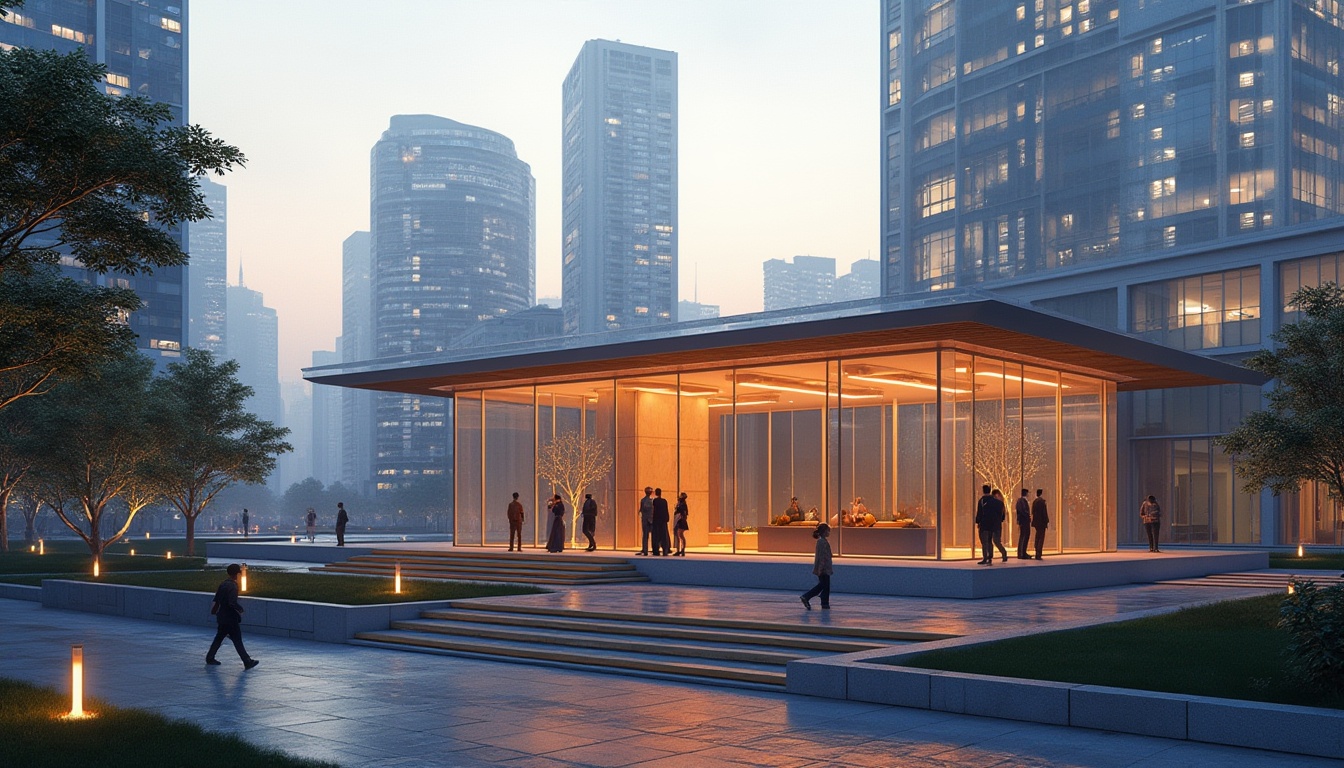 Prompt: Futuristic pavilion, Bauhaus style, geometric shape, minimal decoration, glass walls, steel frame, flat roof, open floor plan, surrounded by modern cityscape, skyscrapers, busy streets, urban atmosphere, warm lighting, evening scene, 3/4 composition, shallow depth of field, vibrant color palette, metallic materials, clean lines, minimalist decor, innovative architecture, urban oasis, people walking, interacting with pavilion, panoramic view, cinematic angle.