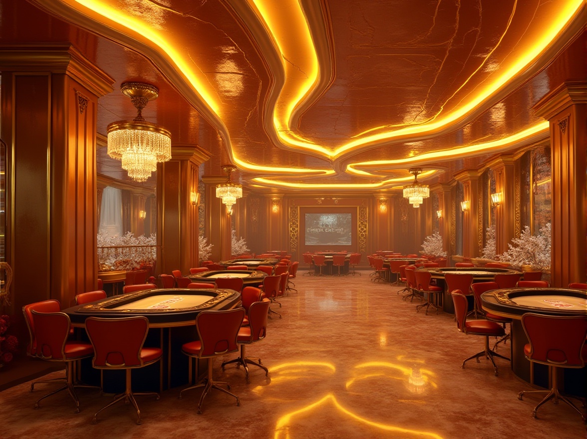 Prompt: Amber color palette, futuristic high-tech casino, luxurious interior design, golden metal accents, warm LED lights, sleek marble floors, velvet-covered gaming tables, crystal chandeliers, ambient glow, high-contrast shadows, cinematic composition, 3/4 view, low-angle shot, dramatic lighting, sci-fi atmosphere.