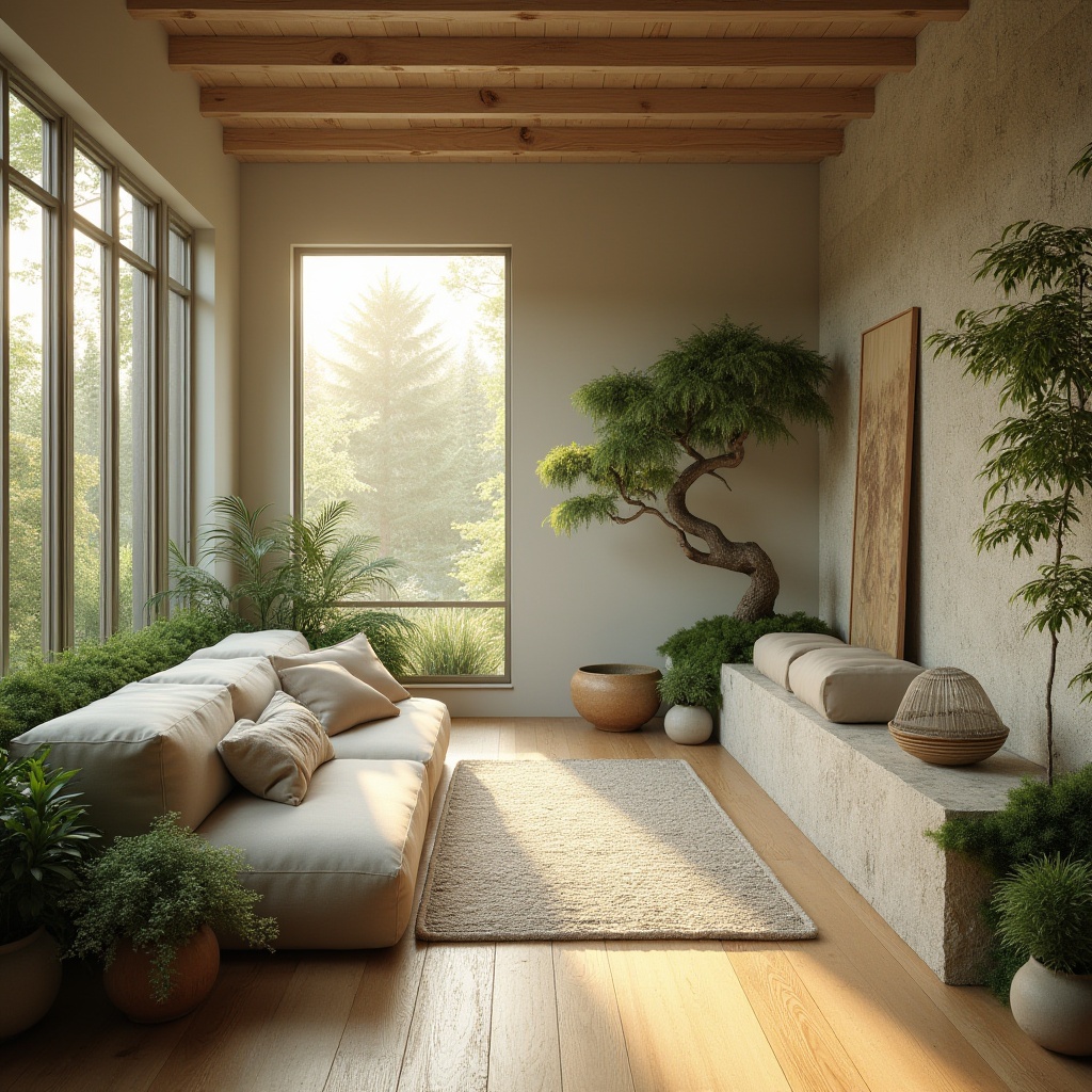 Prompt: Simple modern room, large windows, natural light pouring in, minimal decor, wooden floor, stone wall, green plants, moss, succulents, bonsai tree, calm atmosphere, serene ambiance, warm beige color palette, soft cushions, low seating, concrete coffee table, abstract art piece, nature-inspired sculpture, gentle morning sunlight, subtle shadows, 3/4 composition, shallow depth of field, filmic lighting.