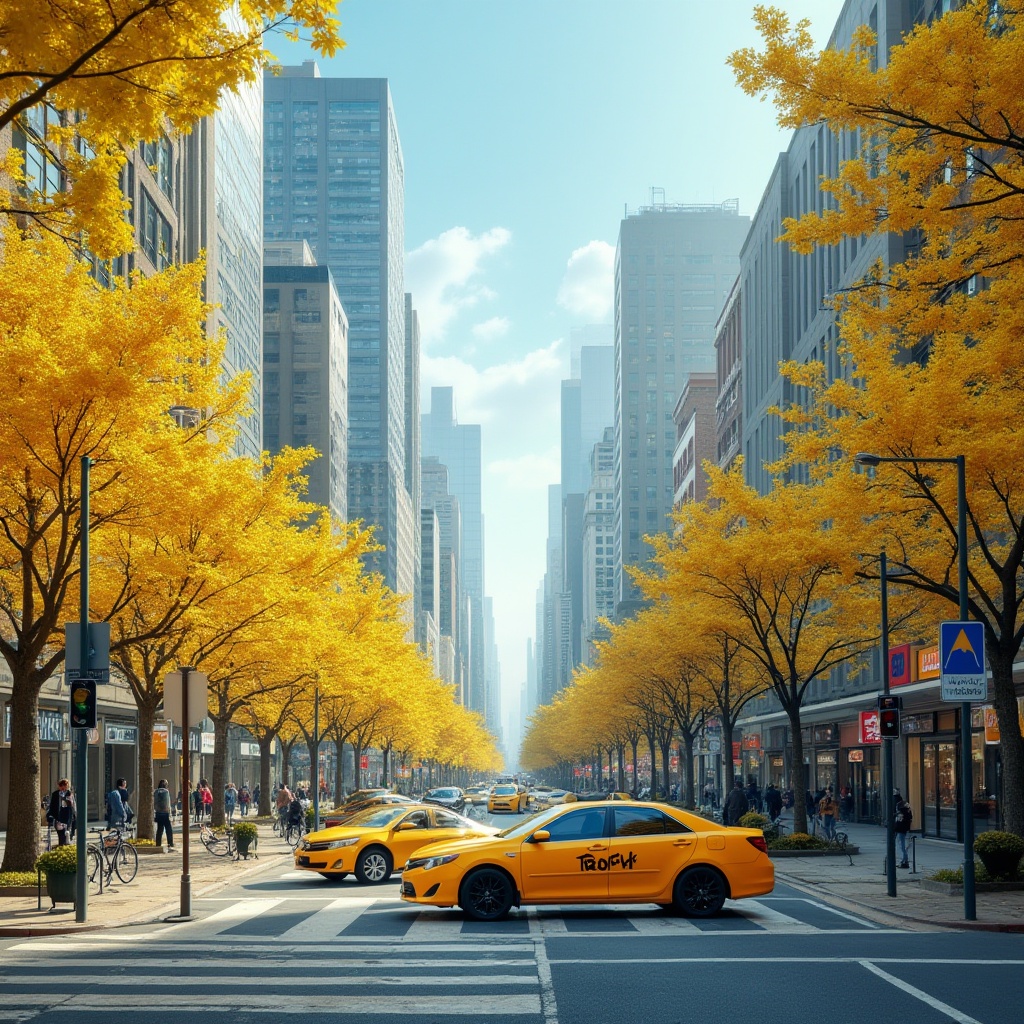 Prompt: Vibrant yellow urban landscape, modern cityscape, skyscrapers, busy streets, pedestrian crossing, bright yellow taxis, streetlights, neon signs, urban furniture, trash cans, bicycles, vibrant yellow flowers, trees with yellow leaves, sunny day, clear blue sky, low-angle shot, 3/4 composition, warm and soft lighting, HDR.