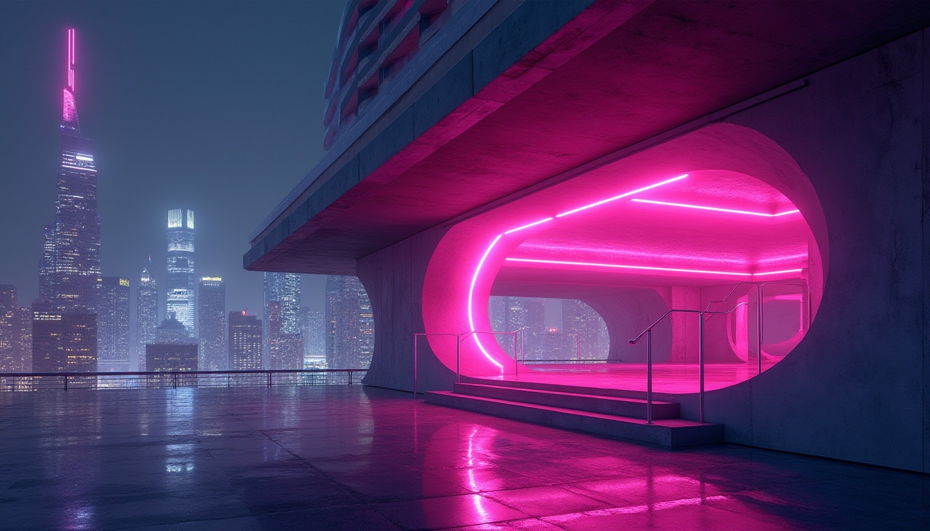 Prompt: Futuristic, modern, vibrant fuchsia accent wall, sleek lines, geometric shape, metallic materials, glass, steel, urban cityscape, skyscraper, neon lights, night scene, 3/4 composition, low-angle shot, bold contrast, dramatic lighting, high-tech atmosphere, abstract background, sharp edges, reflective surfaces, dynamic architecture.