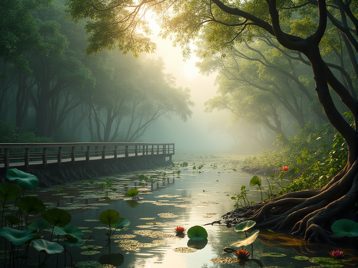 Prompt: Wetland inspirations, nature meets design, serene atmosphere, misty morning, shallow water reflections, lush greenery, twisted mangrove roots, delicate lotus flowers, soft sunlight filtering through fog, wooden boardwalks, rustic railings, natural stone pathways, intricate leaf patterns, earthy tones, organic textures, subtle ripples on the water surface, panoramic view, atmospheric perspective, warm and cozy lighting.