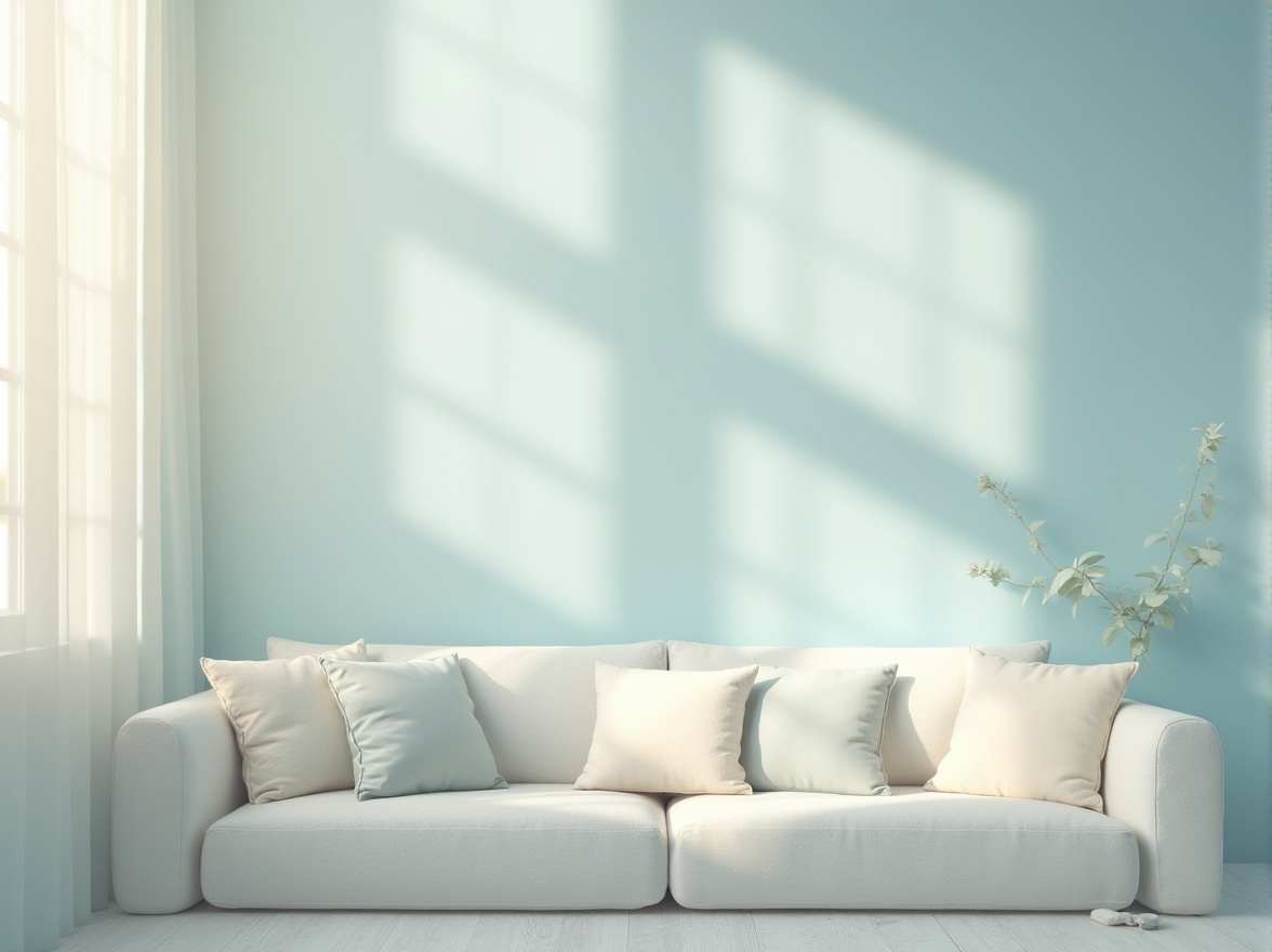 Prompt: Soft pastel light blue, calming atmosphere, serene ambiance, gentle hue, soothing mood, peaceful environment, subtle gradient effect, creamy texture, soft focus, warm natural lighting, minimalist composition, elegant simplicity, modern interior design, cozy living room, comfortable couch, fluffy pillows, gentle morning sunlight.