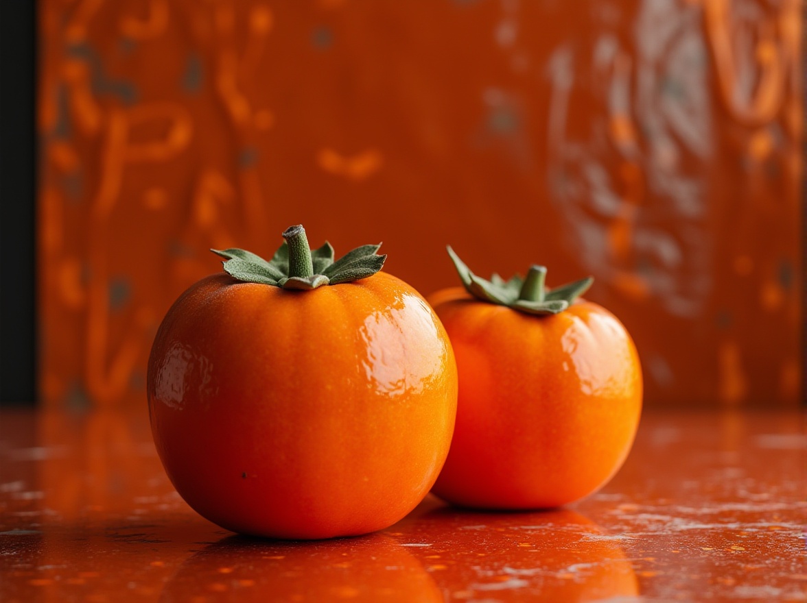 Prompt: Vibrant persimmon orange, bold statement piece, abstract art, modern interior design, minimalist background, geometric shape, glossy finish, metallic material, reflective surface, low-angle shot, dramatic lighting, high-contrast composition, avant-garde style.