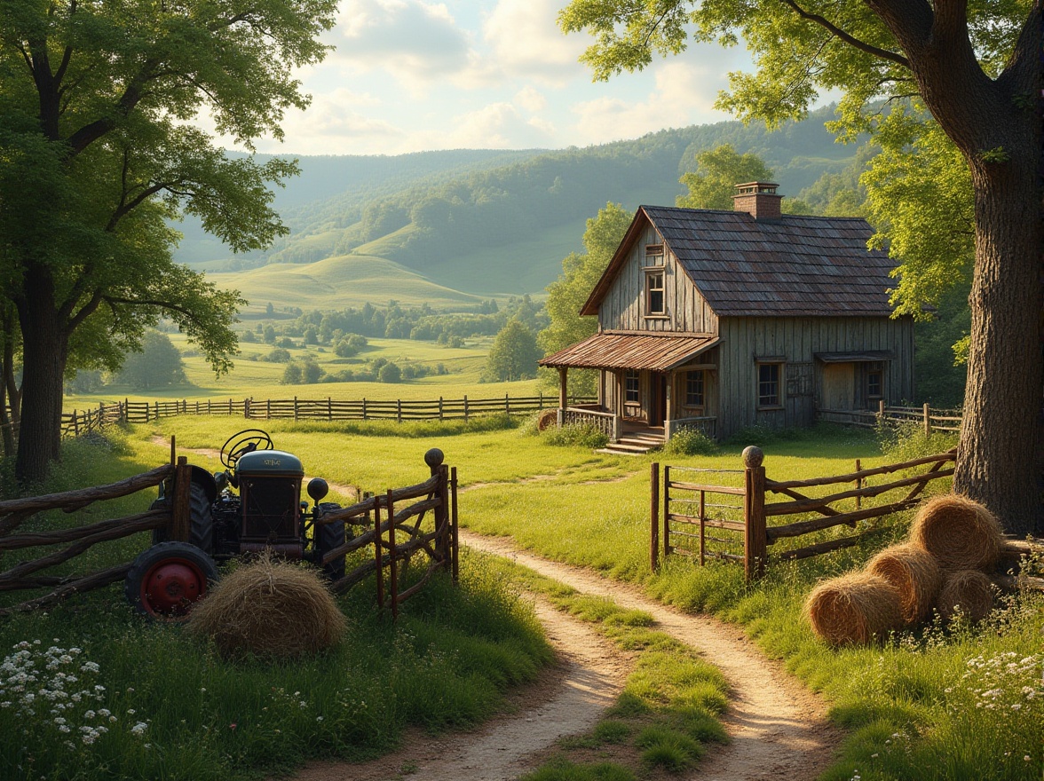 Prompt: Rural landscape, traditional farmhouse, wooden fence, green pastures, rolling hills, ancient trees, winding dirt road, vintage tractor, rusty metal gate, old lanterns, hay bundles, wildflowers blooming, sunny afternoon, warm soft light, 3/4 composition, shallow depth of field, natural textures, earthy tones, peaceful atmosphere, serene ambiance.