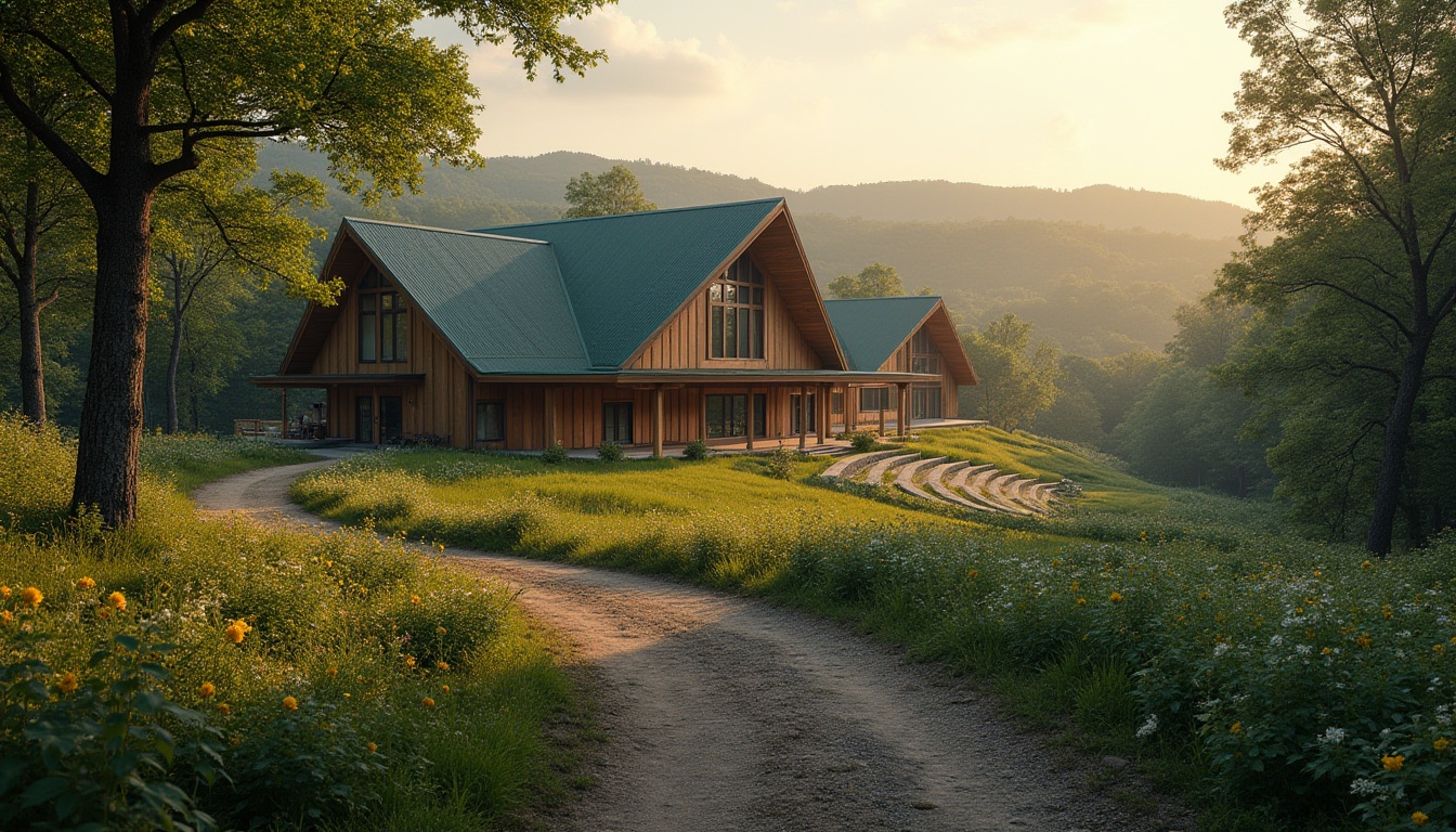 Prompt: Rural performing arts center, modern architecture, wooden exterior, large windows, green roof, surrounded by rolling hills, dense forest, wildflowers blooming, winding dirt path leading to entrance, outdoor amphitheater, natural stone seating, lush greenery, evening atmosphere, warm golden lighting, soft misty fog, 3/4 composition, cinematic shot.