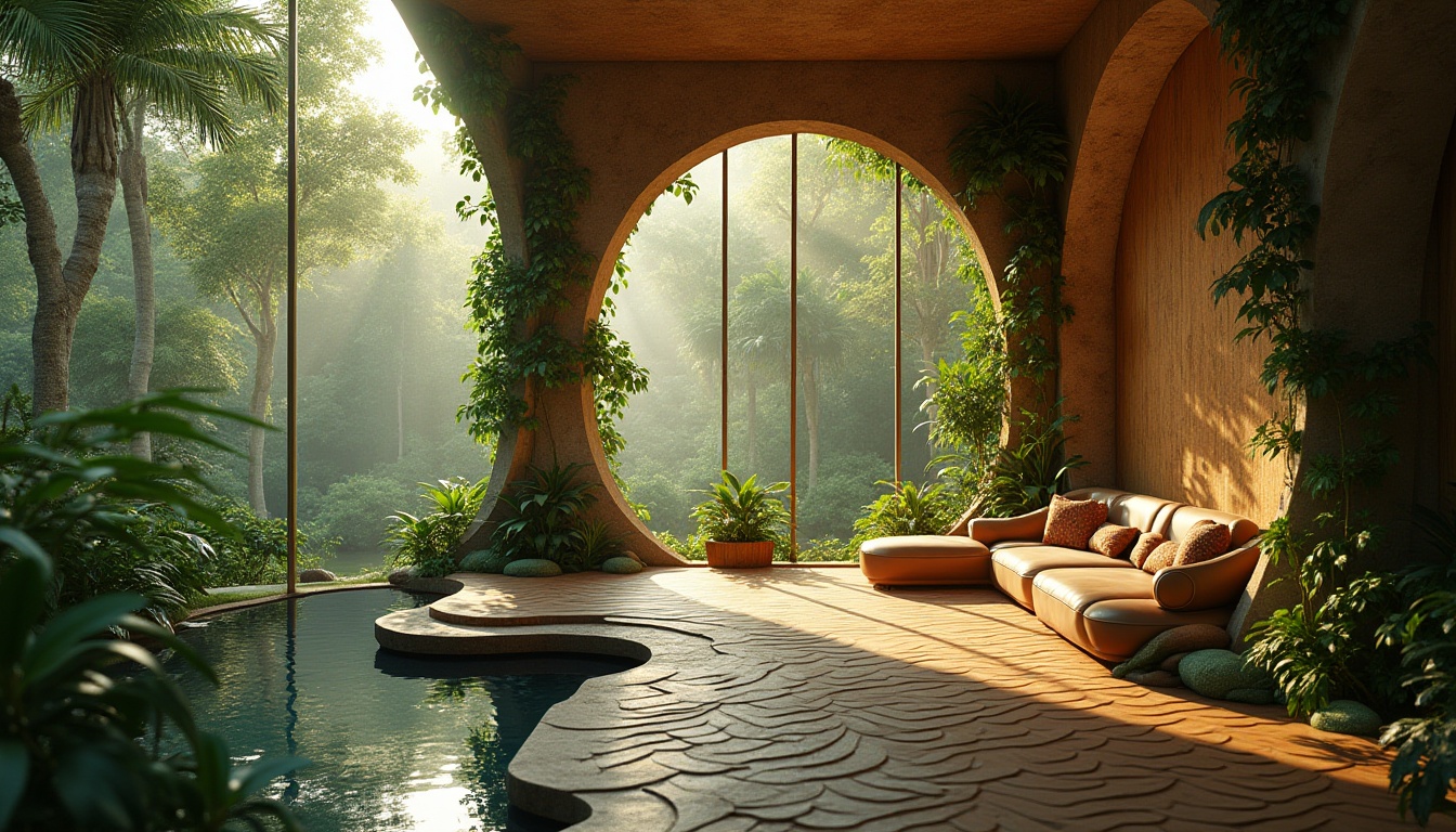 Prompt: Organic modern villa, surrounded by lush green forest, vines crawling up walls, large windows, natural light pouring in, wooden floors, earthy tone color palette, leaf-inspired furniture, botanical patterns, wavy lines, 3D textured walls, tropical plants, palm trees swaying gently, misty morning atmosphere, warm golden lighting, cinematic composition, atmospheric perspective.