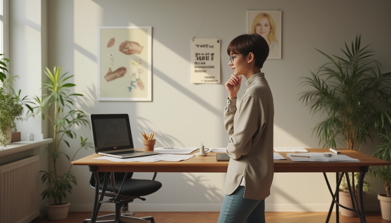 Prompt: Modern designer, standing, minimalist studio, natural light, wooden desk, laptop, papers, pencils, inspirational quotes on wall, plants, ergonomic chair, sneakers, casual attire, creative expression, subtle makeup, short hair, glasses, thoughtful facial expression, hand on chin, leaning forward, warm color palette, soft shadows, 3/4 composition, shallow depth of field, artistic lighting, gentle atmosphere.